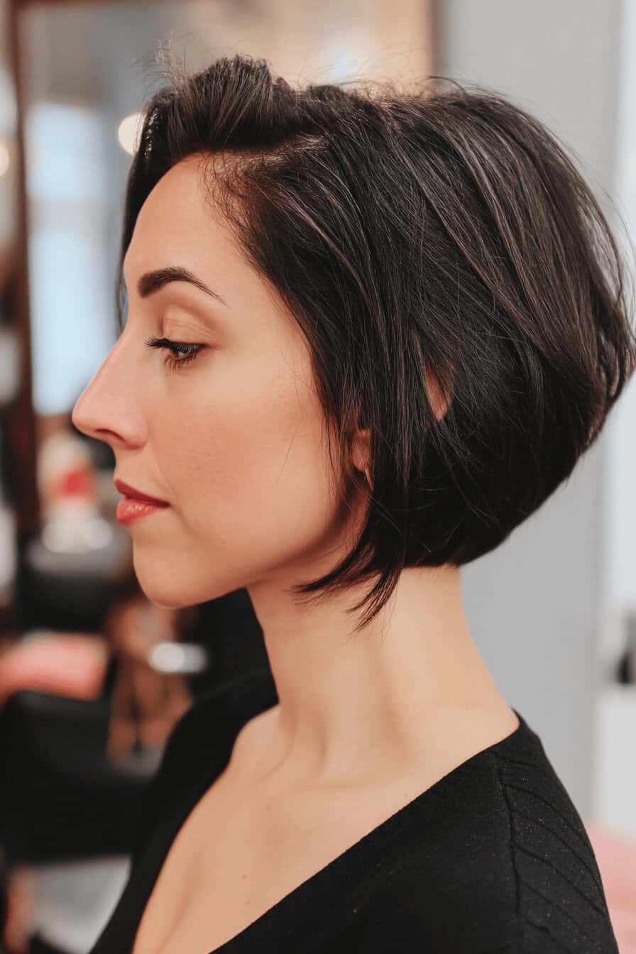 Seitenansicht eines stilvollen umgekehrten Bob-Haarschnitts bei einer Frau mit dunklem Haar.