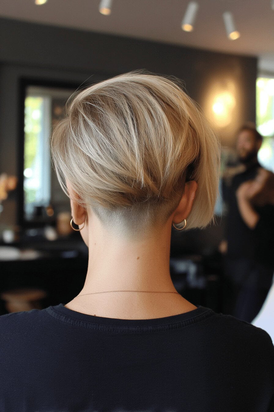 Rückansicht eines Kopfes mit einem Undercut Bob, der eine rasierte Nackenpartie zeigt.