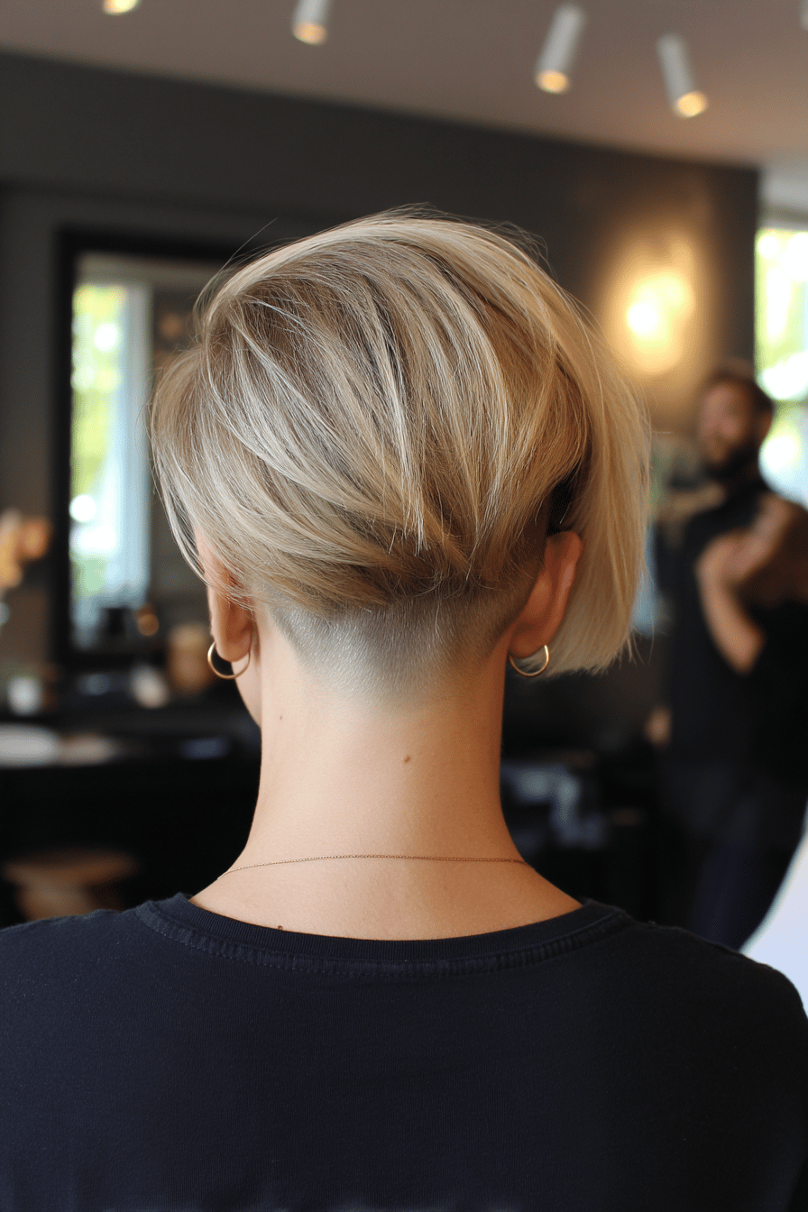 Rückansicht eines Kopfes mit einem Undercut Bob, der eine rasierte Nackenpartie zeigt.