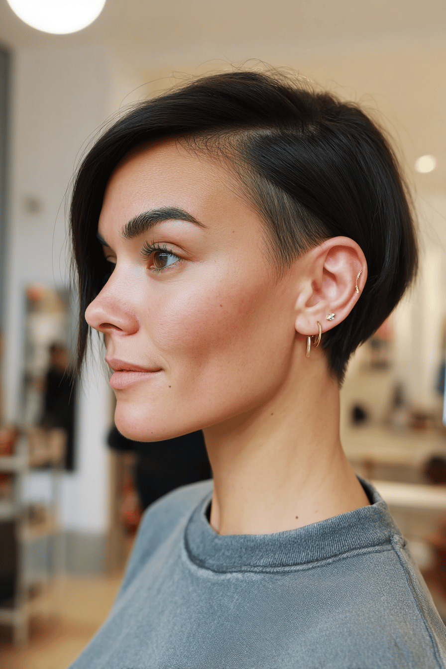 Seitlicher Blick auf eine Frau mit Undercut Pixie Frisur, dunkles Haar und Ohrpiercings.