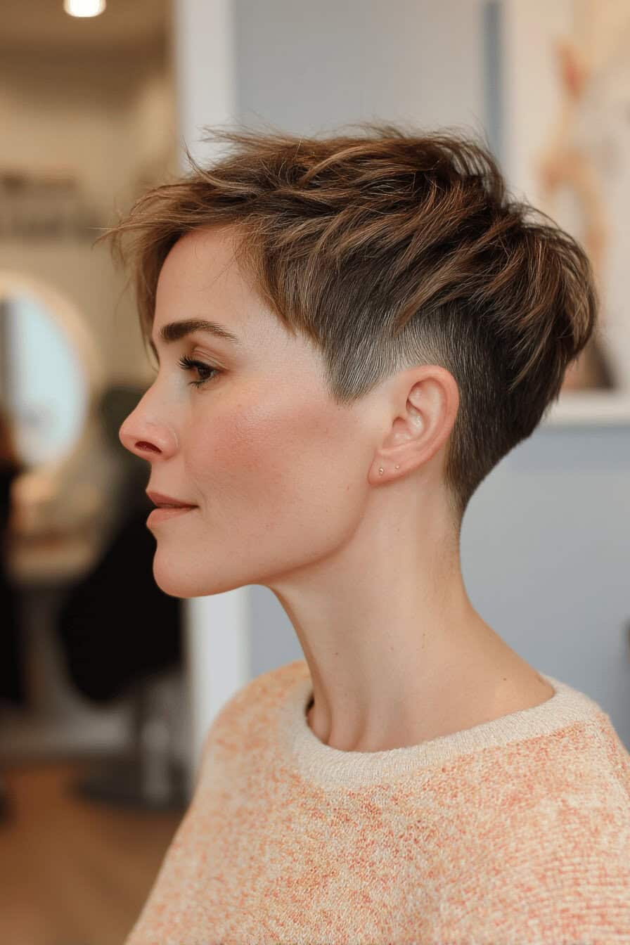 Frau mit einem frechen undercut Pixie Haarschnitt in einem Salon.