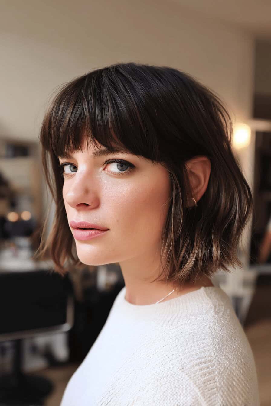 Frau mit Bob und texturiertem Pony in einem modernen Innenraum.