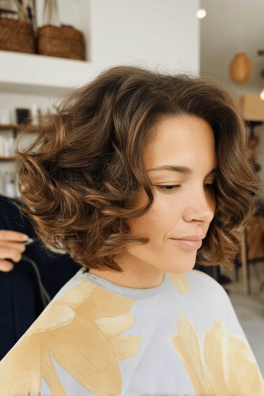 Frau mit einem voluminösen lockigen Bob-Haarschnitt.