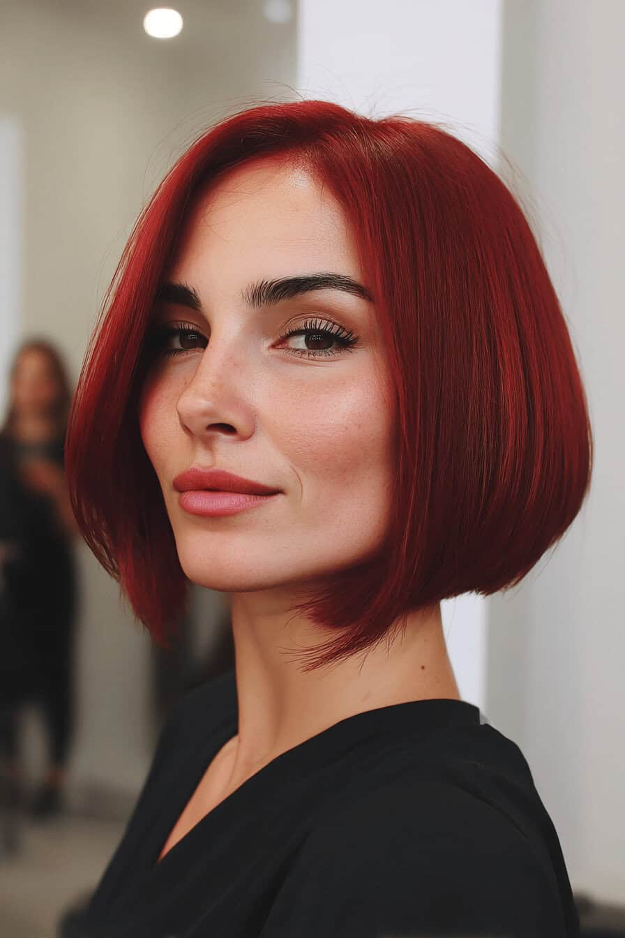 Frau mit leuchtend rotem Bob-Haarschnitt vor einem unscharfen Hintergrund.