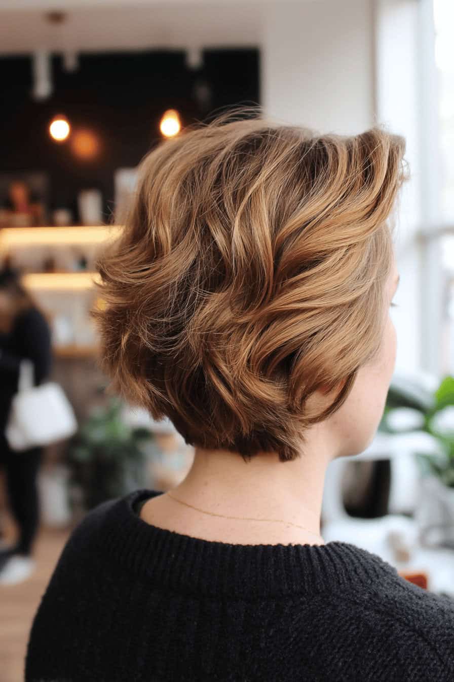 Rückansicht eines Frauenkopfes mit einem viktorianischen Shag-Schnitt im Friseursalon.