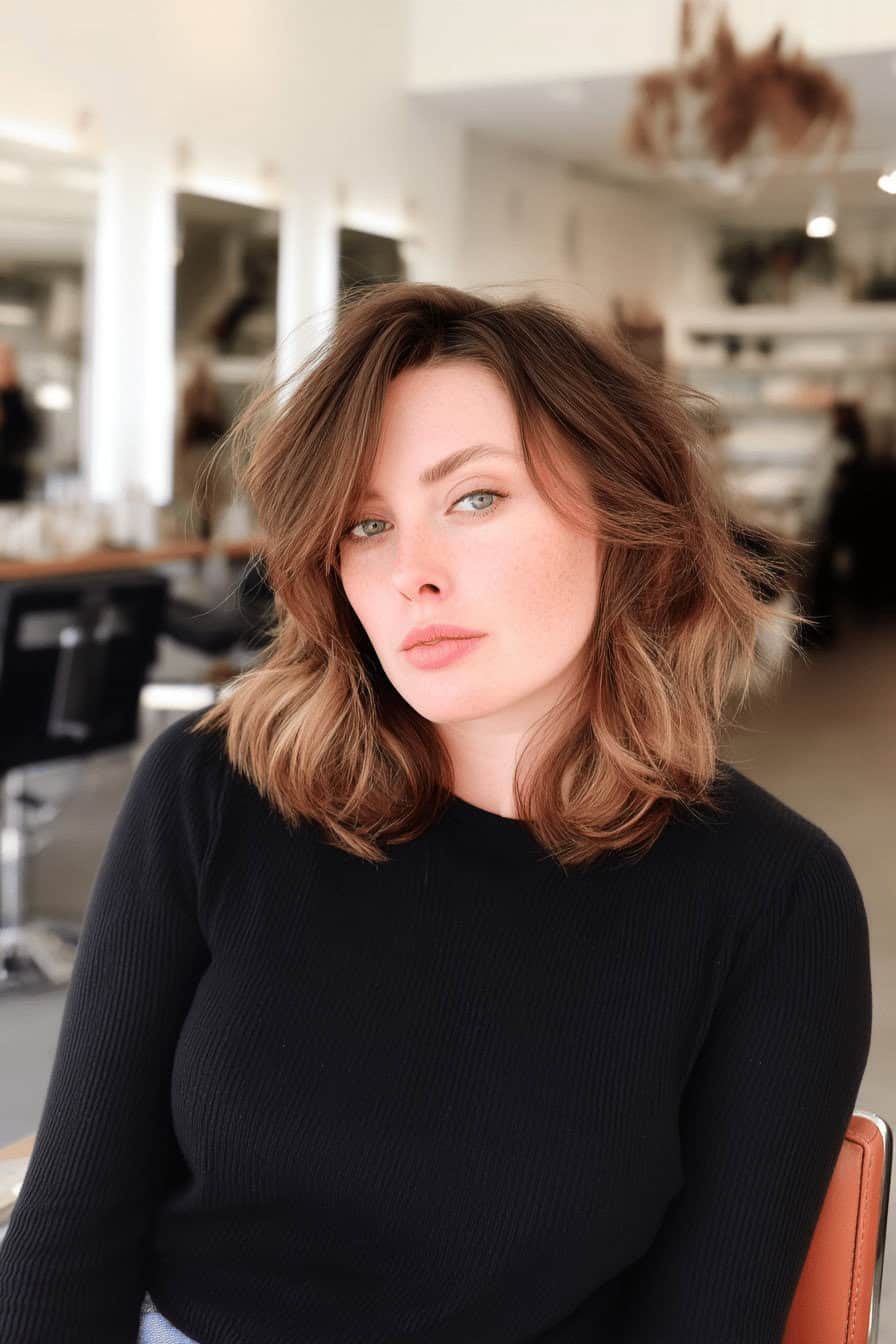 Frau mit vintage inspirierter Shaggy Frisur in einem Friseursalon.