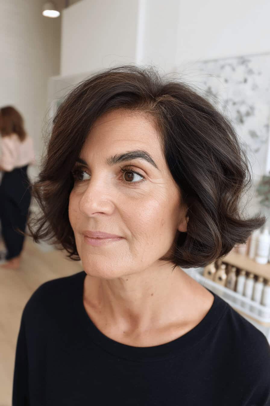 Frau mit kinnlangem Bob und voluminösem Haar