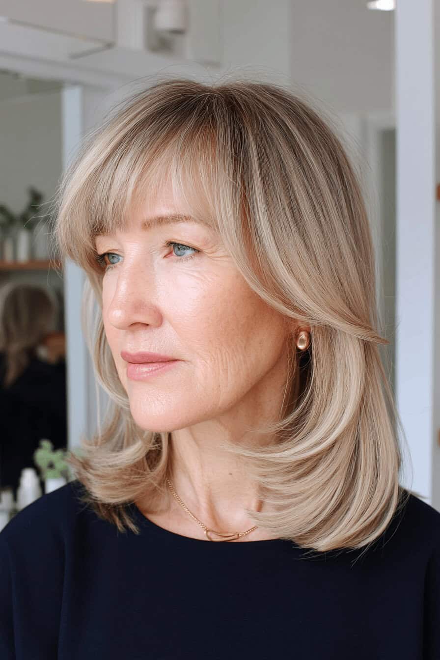 Mittellange blonde Frisur mit Pony bei einer Frau über 50.
