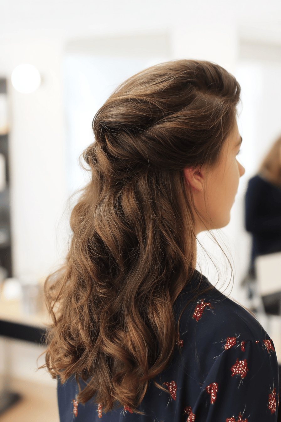 Eine Frau mit welligen Haaren im Half-Up-Stil.