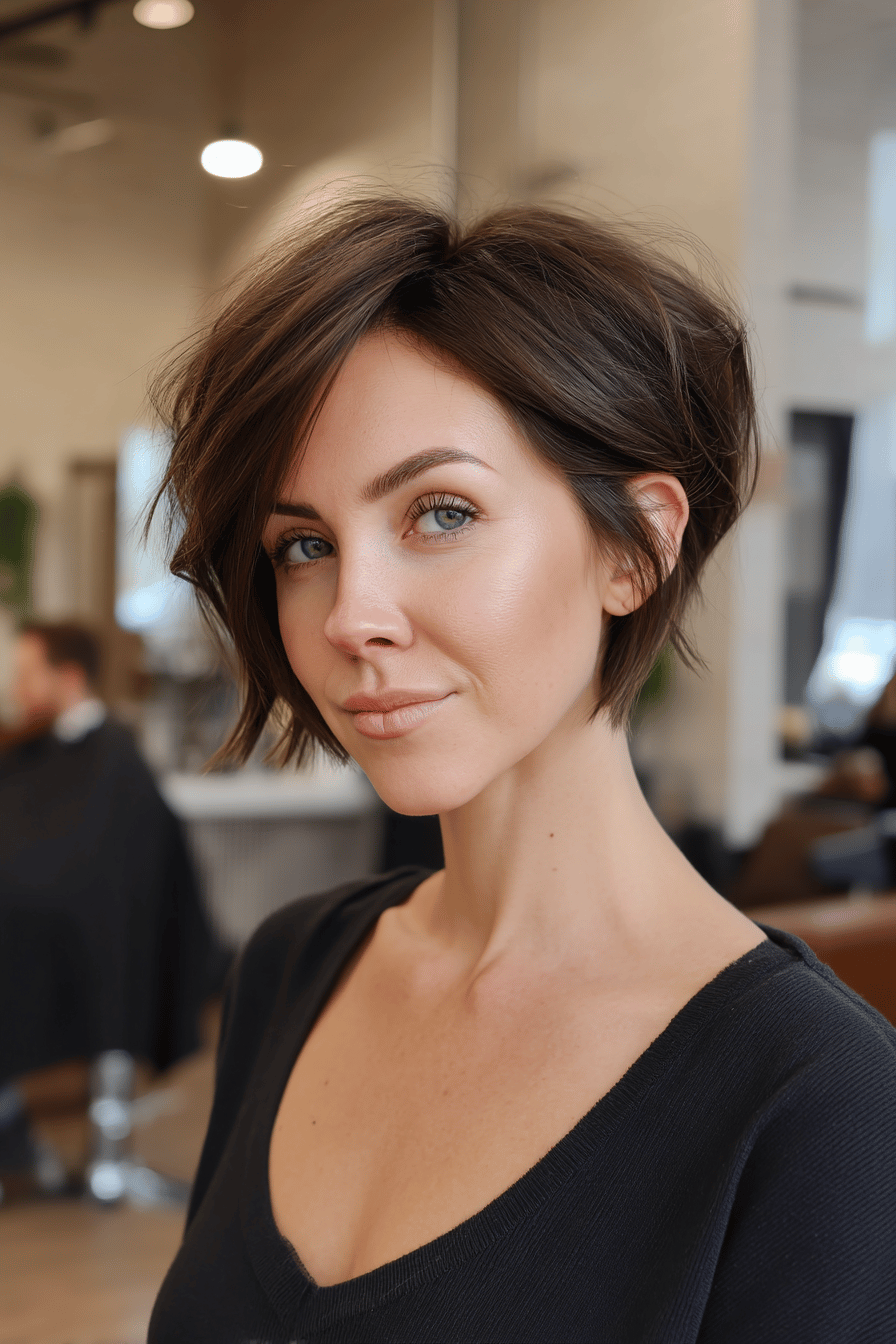 Frau mit voluminösem Pixie Bob Haarschnitt im Friseursalon.