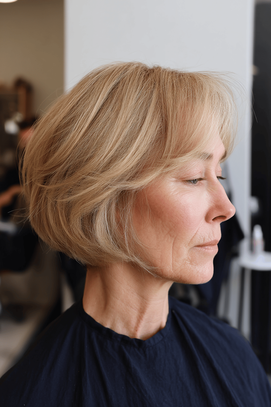 Nahaufnahme einer Frau mit kinnlangem, voluminösen Bob auf blondem feinem Haar.