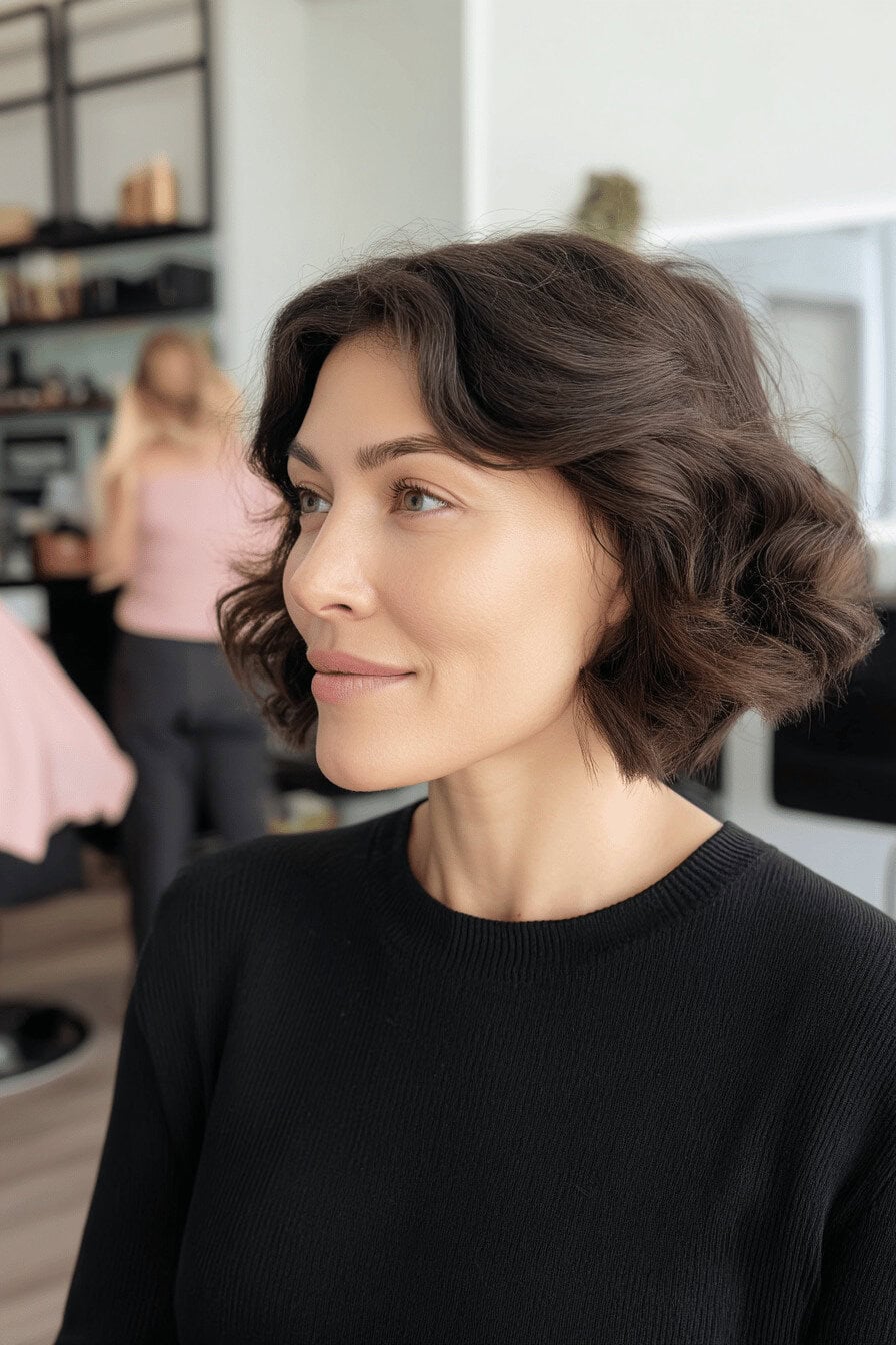Frau mit voluminösem Bob in einem Friseursalon.