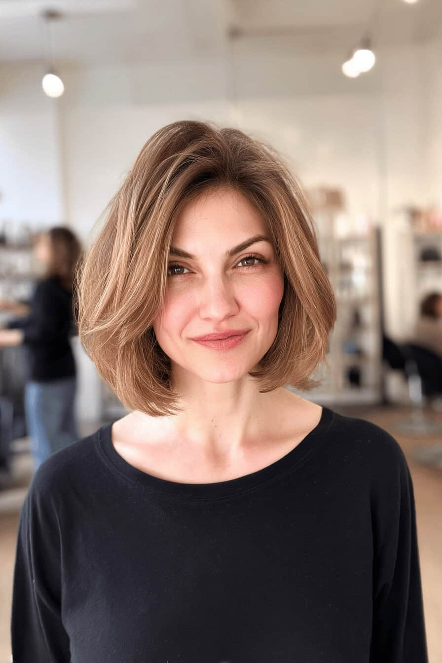 Frau mit voluminösem Bob-Haarschnitt in einem modernen Friseursalon.