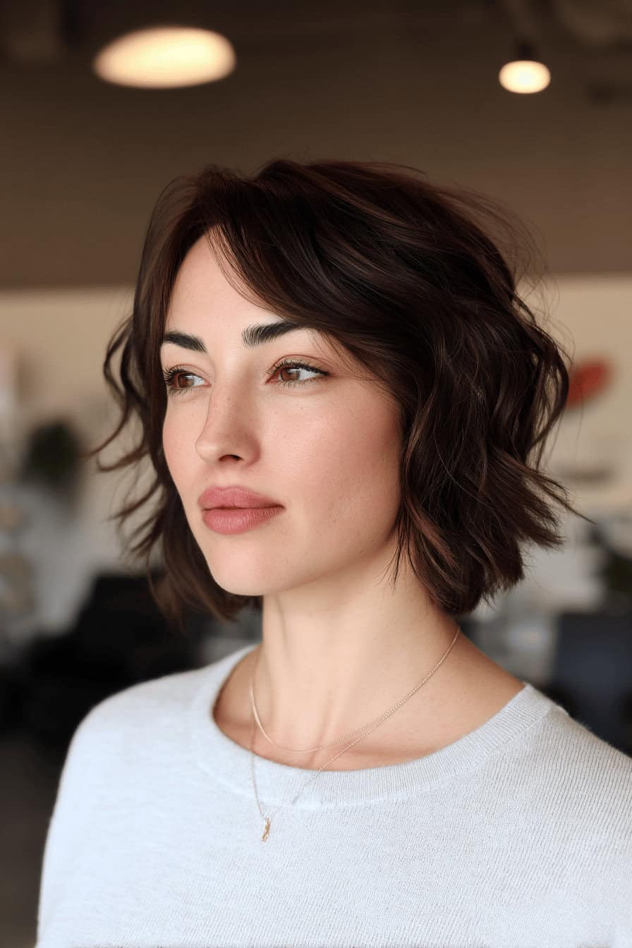 Frau mit welligem, kurzem Bob-Haarschnitt und sanftem Makeup.