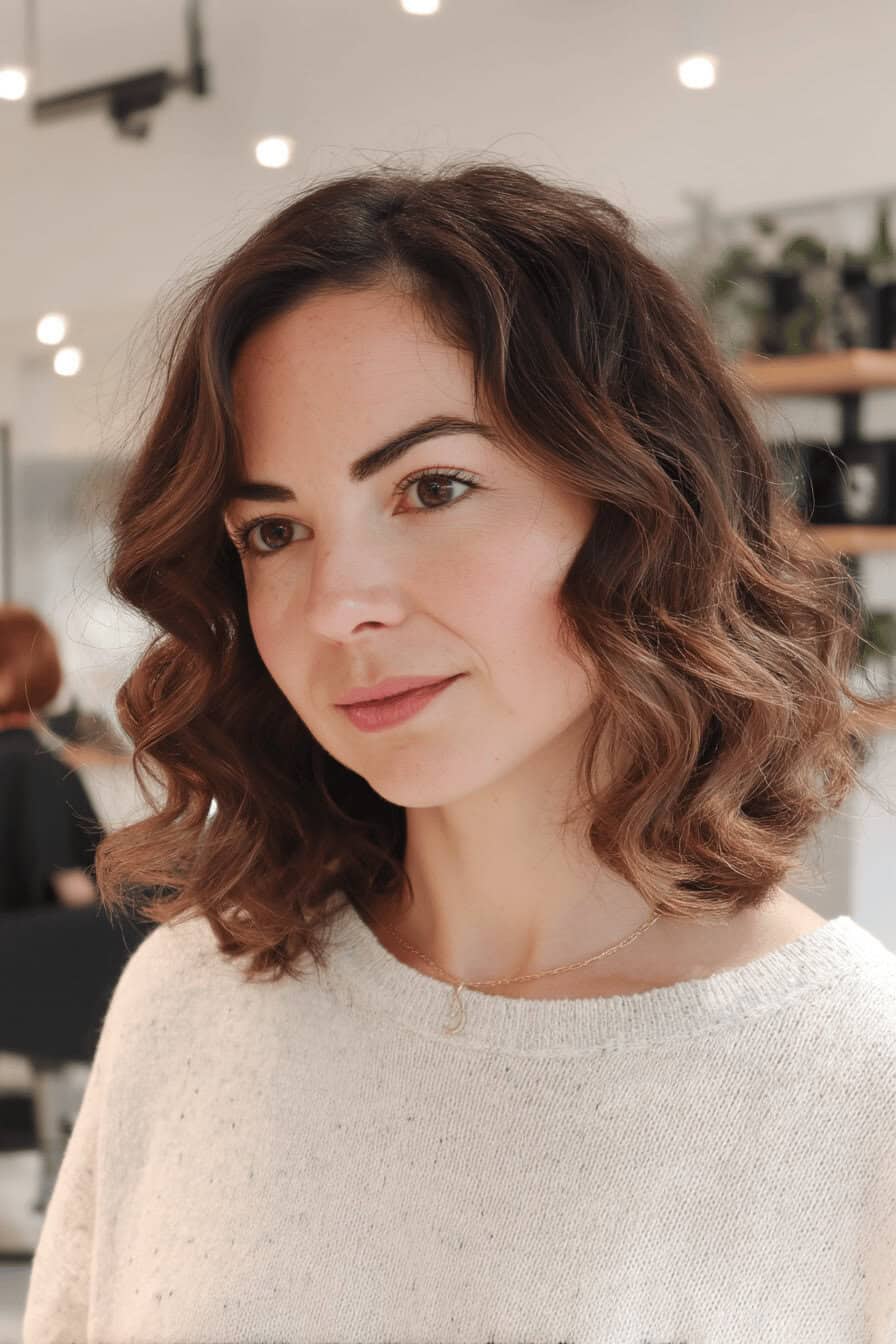 Frau mit langen, weichen Locken, die sanft um das Gesicht fallen.