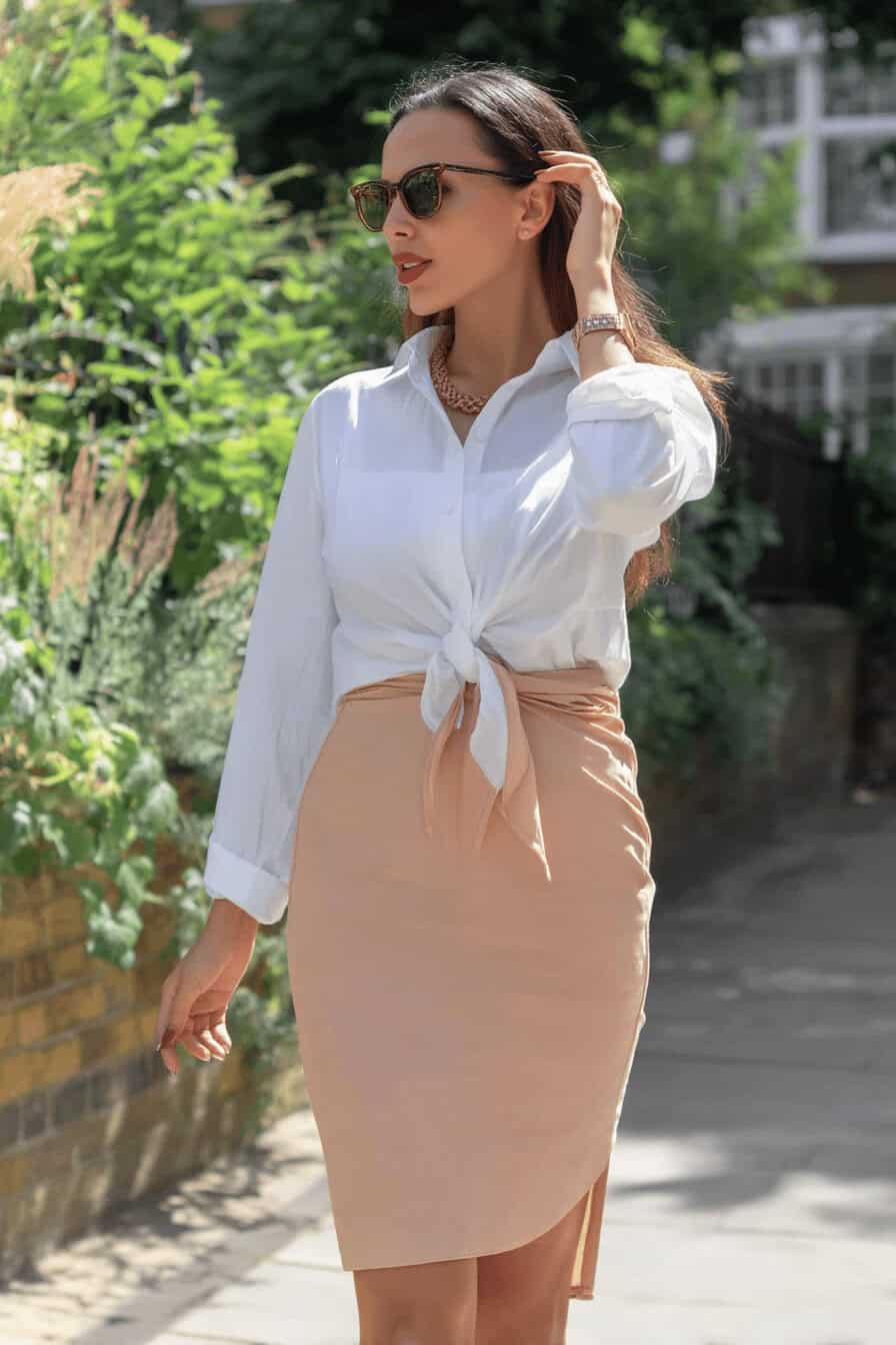 Frau in weißer Bluse und beigem Rock an einem sonnigen Tag.