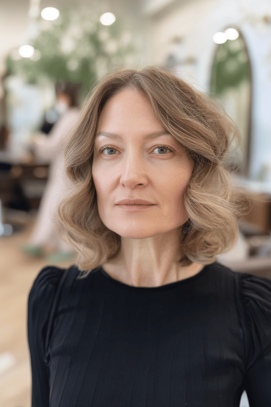 Frau mit lässigen, welligen Haaren in schicker Umgebung.