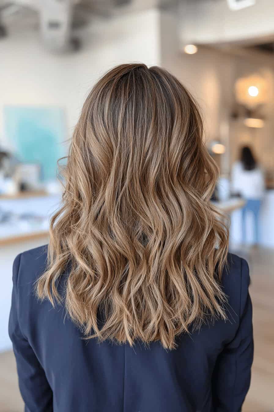 Eine Person mit mittellangem, welligem Haar in einem modernen Salon.