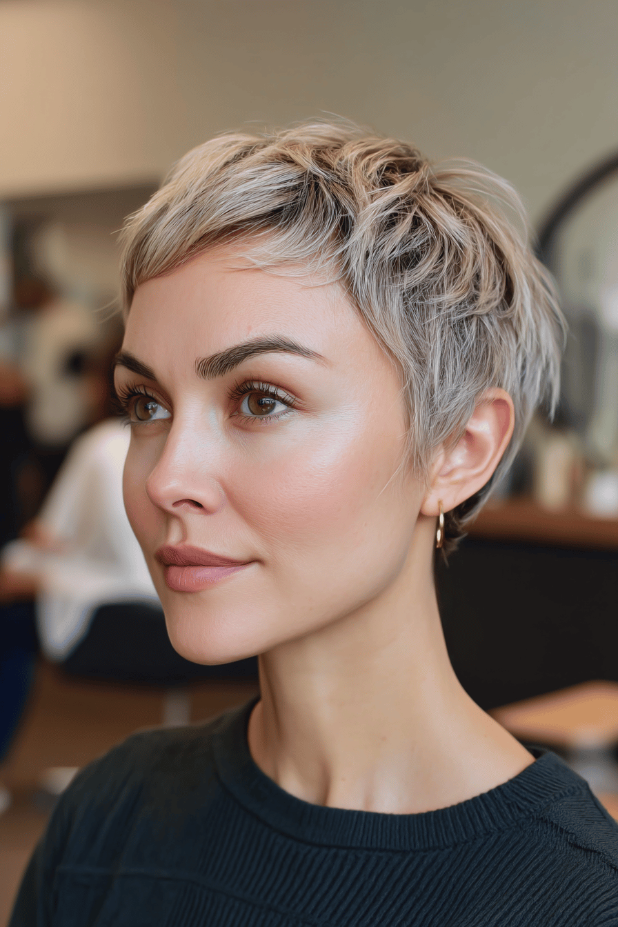 Person mit einem stylischen, kurzen Pixie-Haarschnitt.