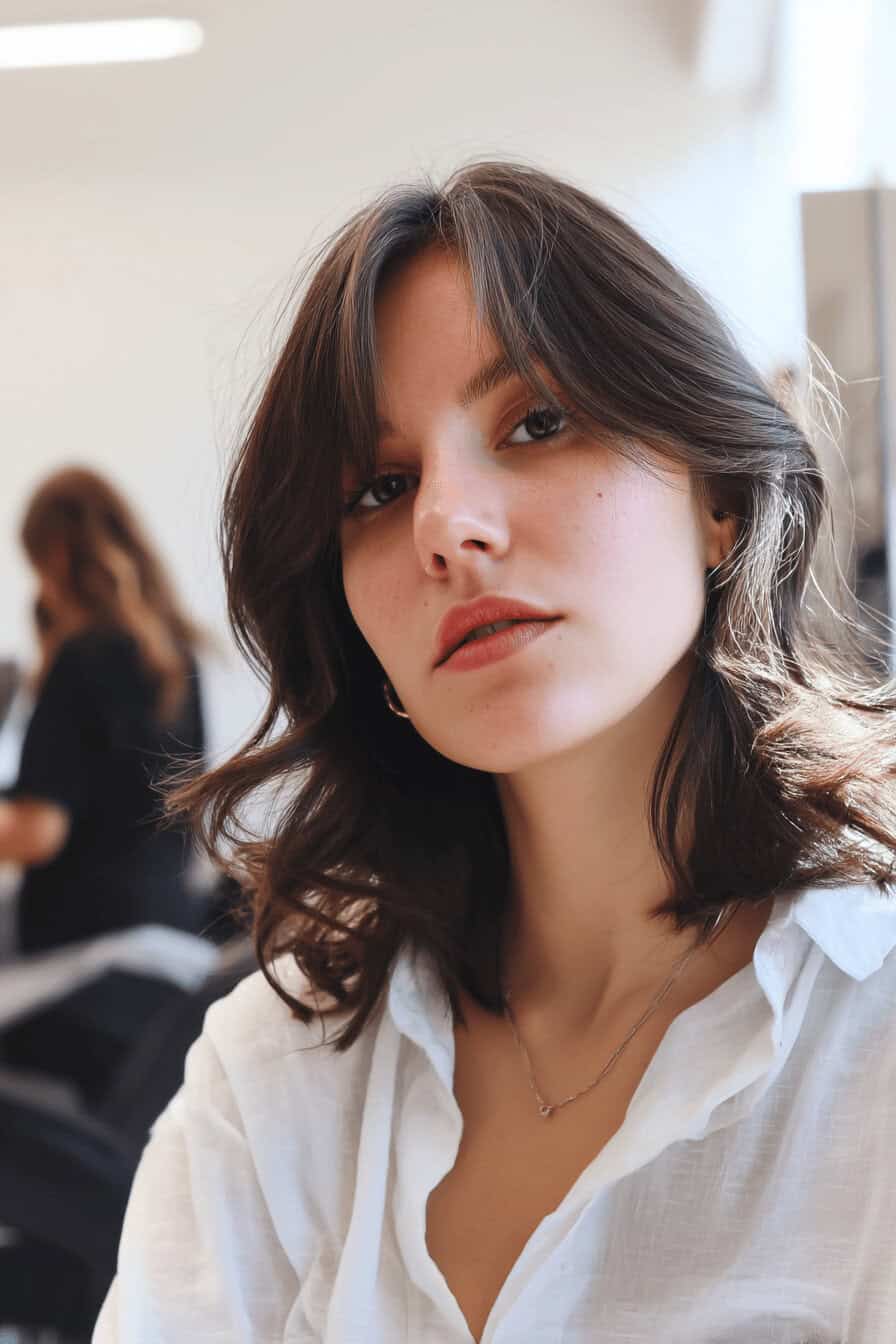 Frau mit mittellangem, gewellten Haar und weichen Spitzen.