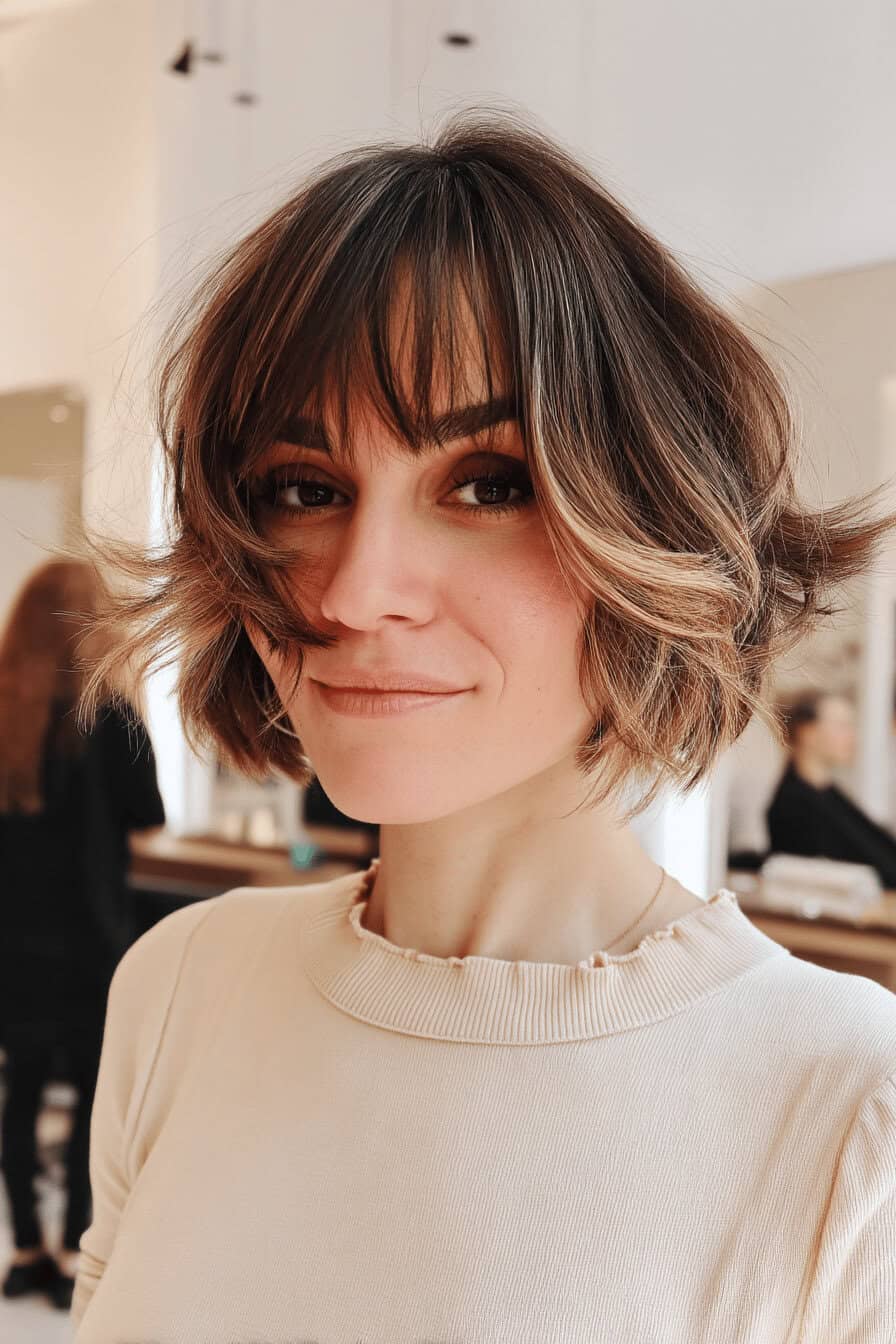 Frau mit welligem Bob und Pony in einem eleganten Salon.