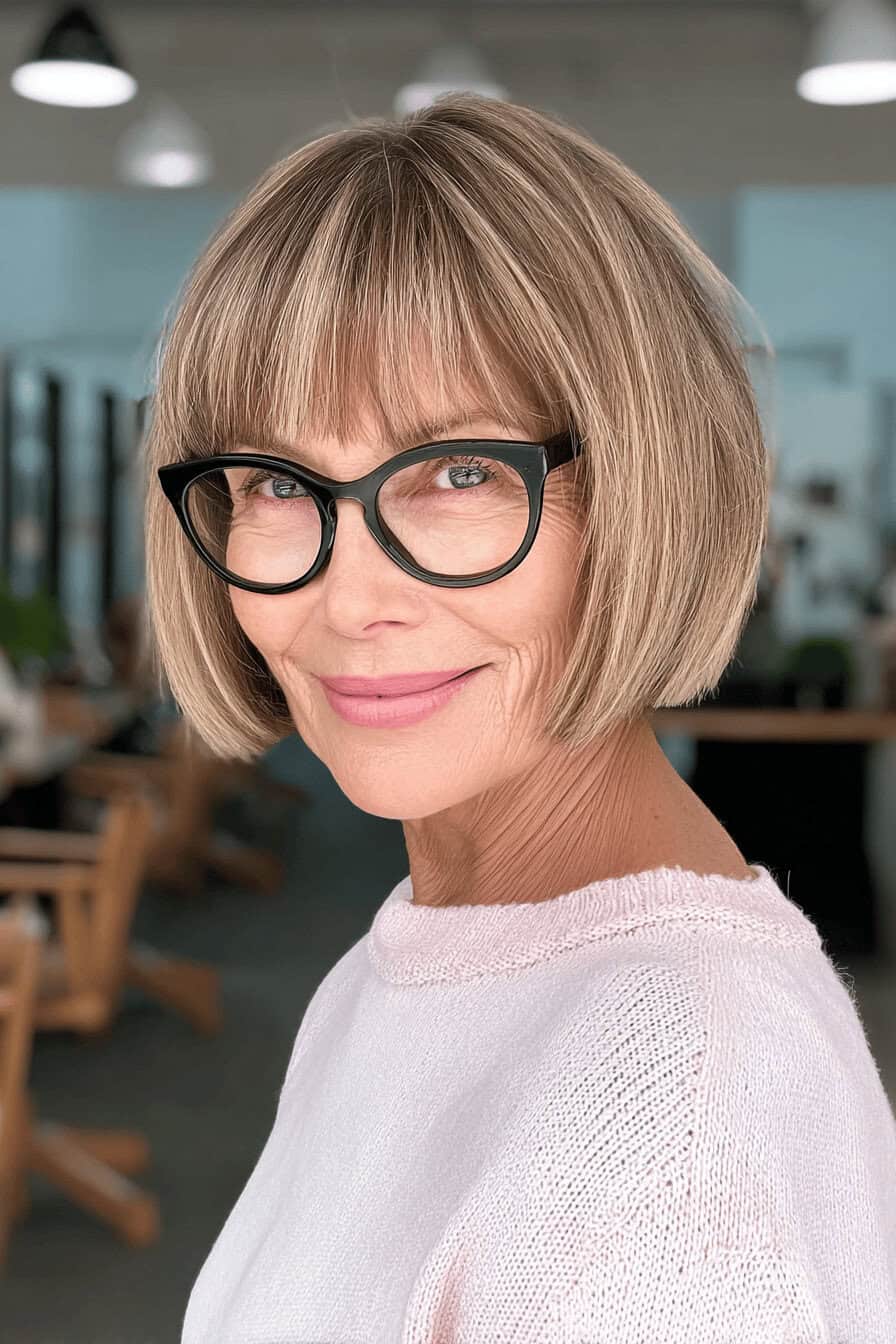 Frau mit brille und bob frisur im salon.