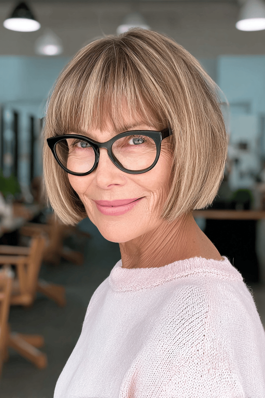Frau mit brille und bob frisur im salon.