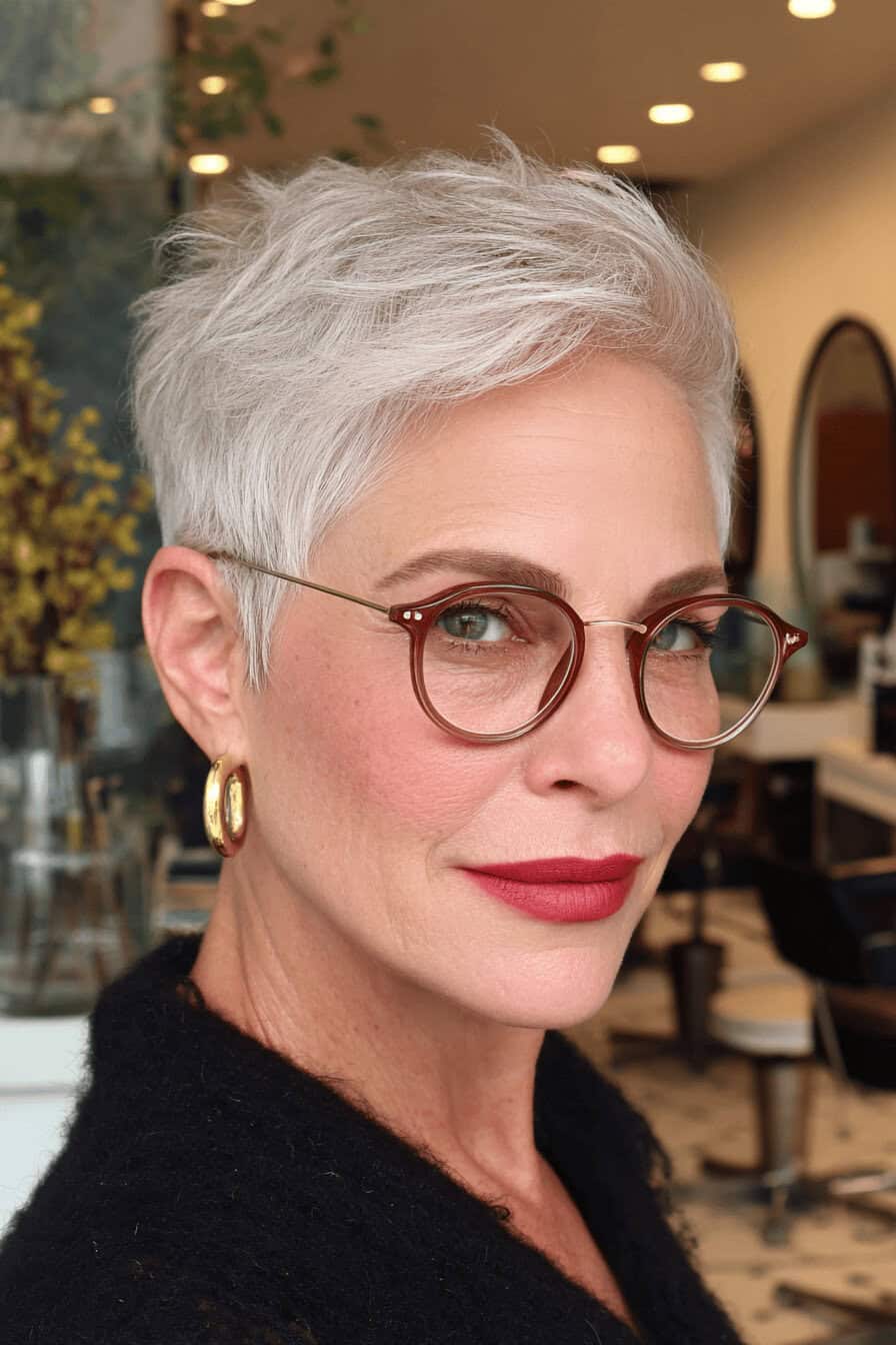 Frau mit kurzem, grauem Haar und Brille in einem Salon