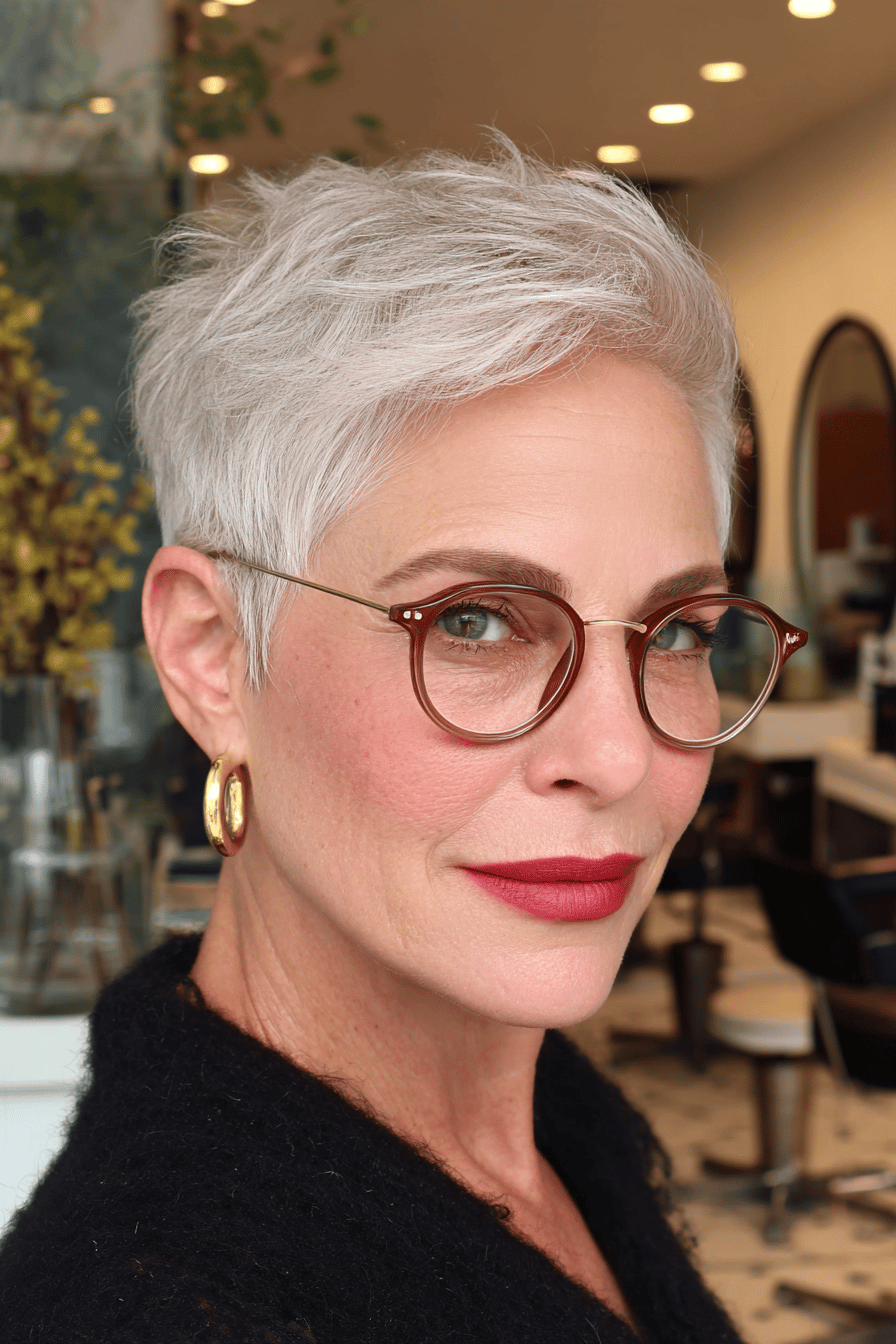Frau mit kurzem, grauem Haar und Brille in einem Salon