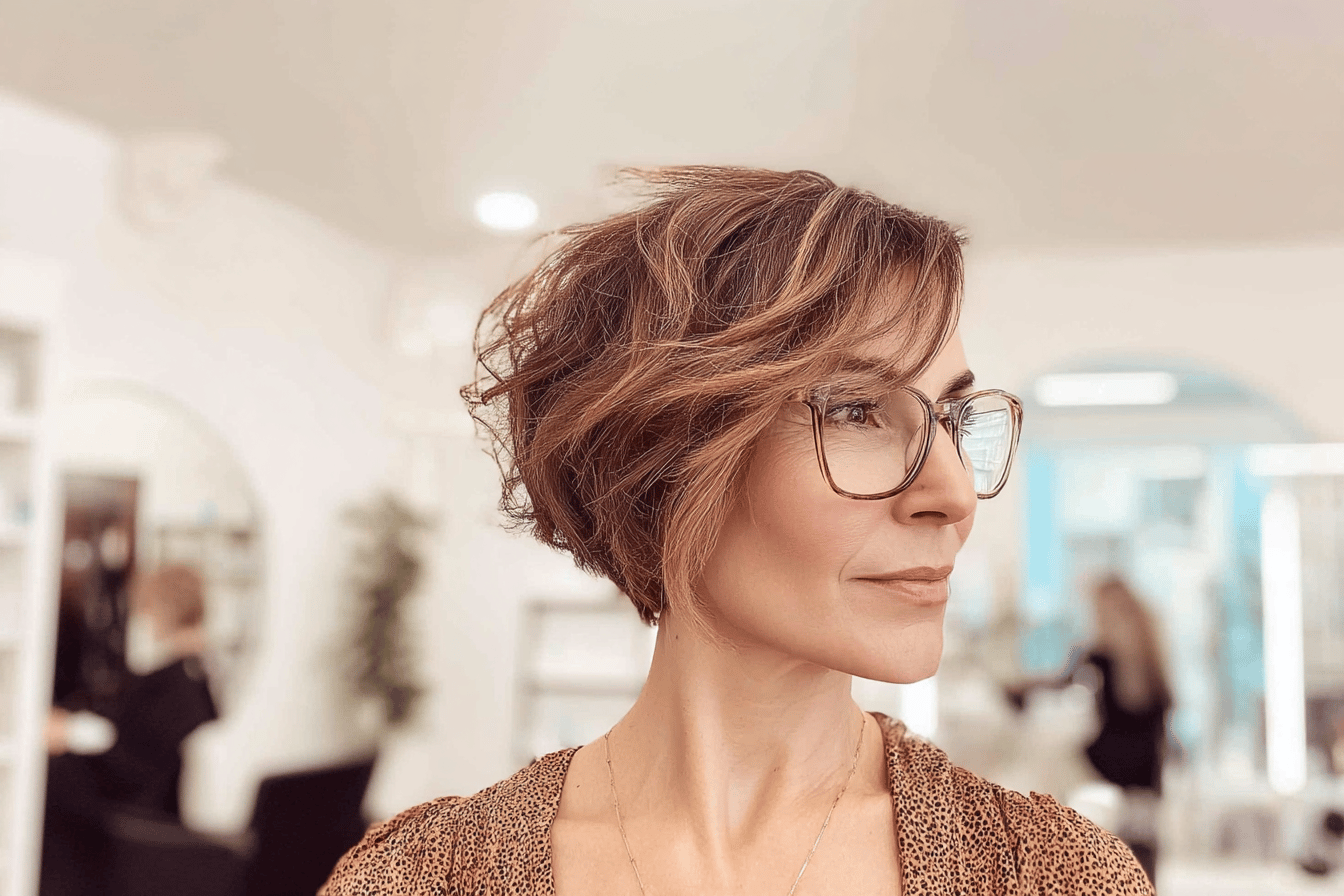 Frau mit Kurzhaarfrisur und Brille im Salon
