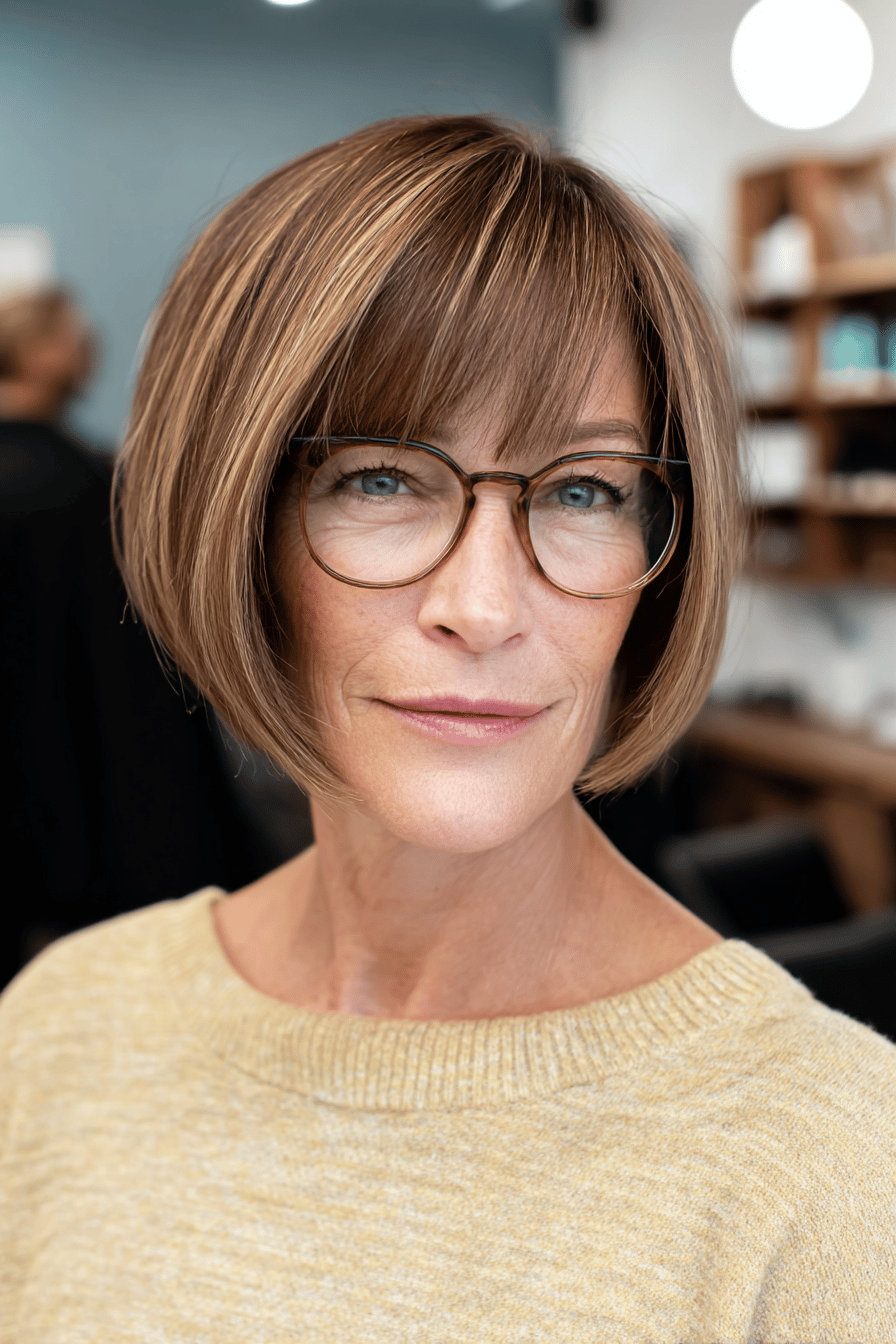 Frau mit glattem Bob und Brille in einem gelben Pullover.