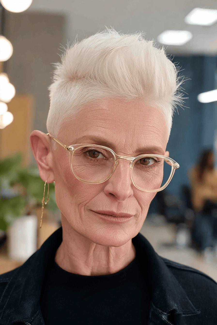 Ältere Frau mit grauem Pixie-Haarschnitt und Brille.