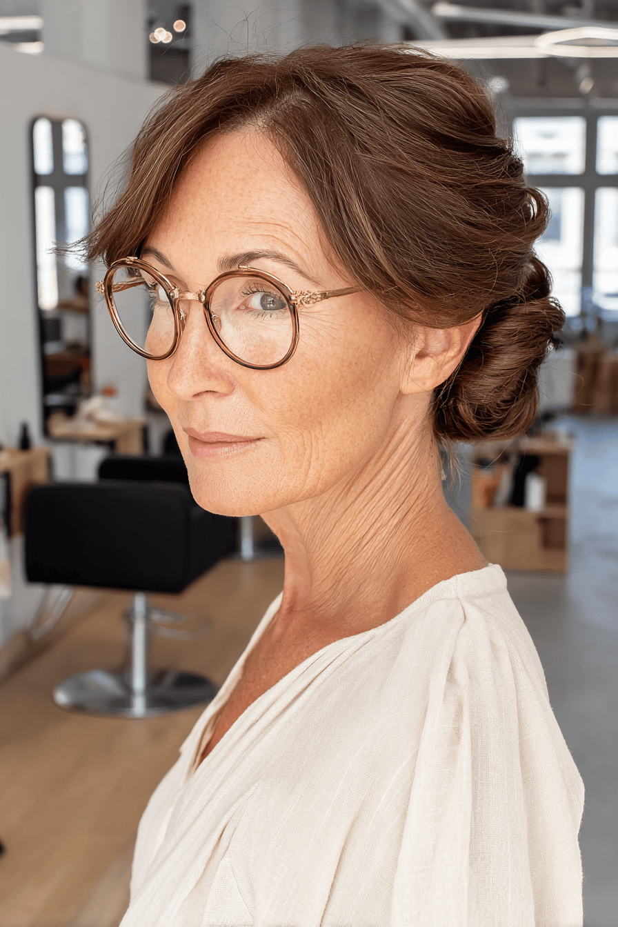 Frau mit Brille und Hochsteckfrisur in einem Friseursalon.