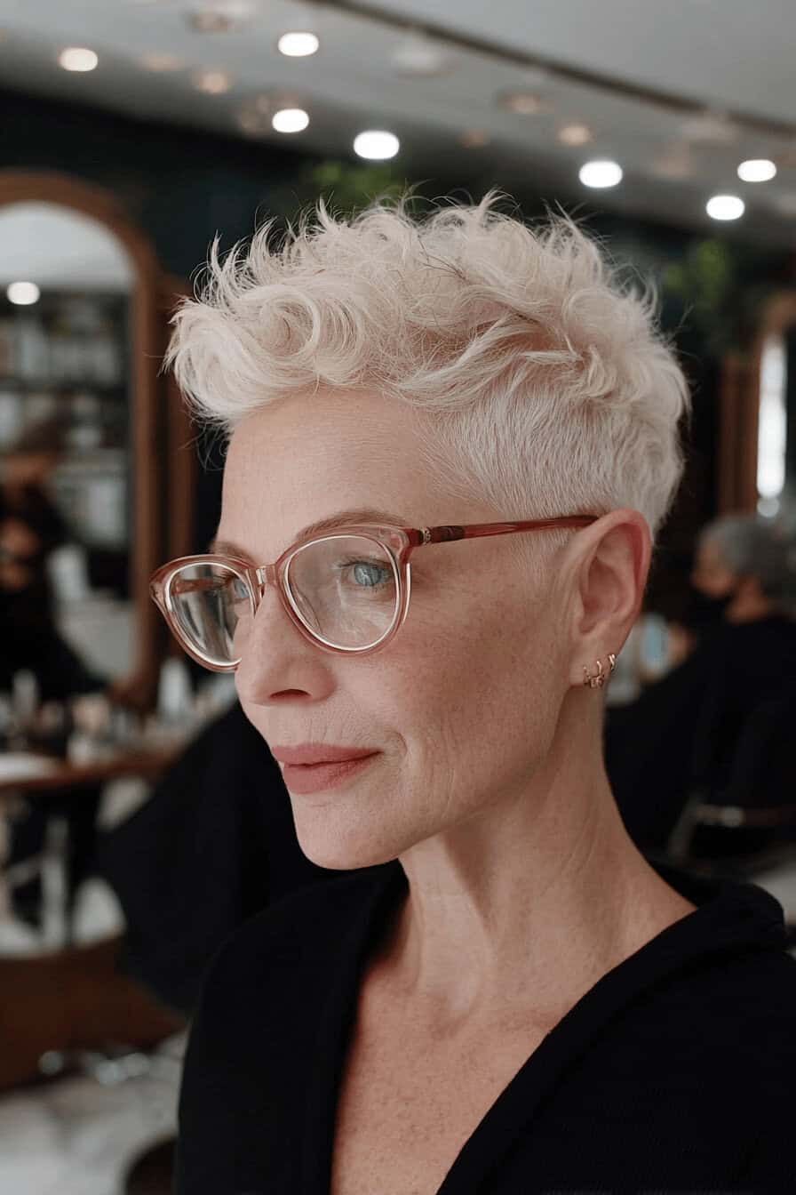Eine Frau mit kurzem, lockigem Haar und Brille in einem Friseursalon.