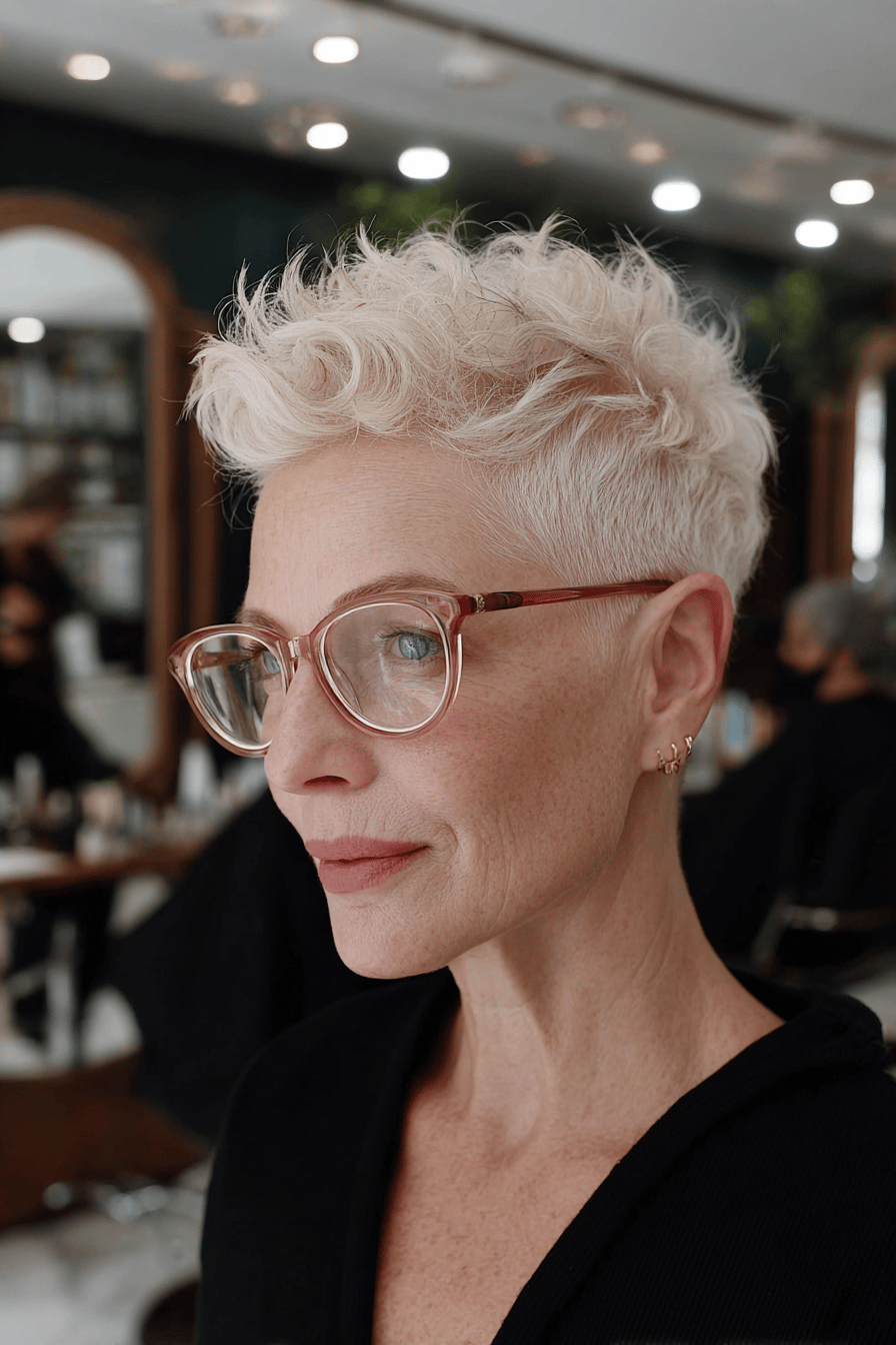 Eine Frau mit kurzem, lockigem Haar und Brille in einem Friseursalon.