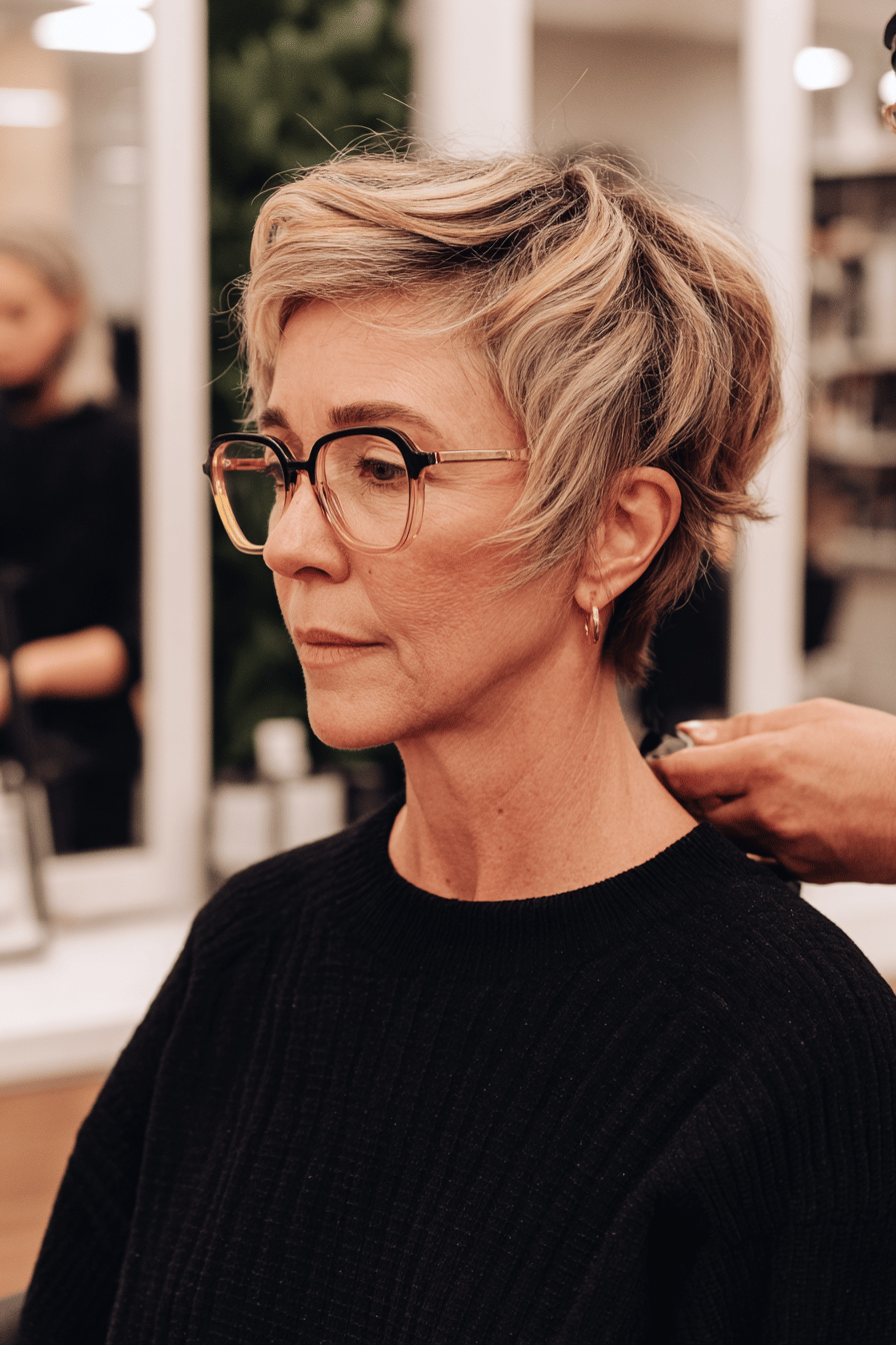 Frau mit Brille und kurzem, blondem Haarschnitt mit Highlights im Friseursalon.