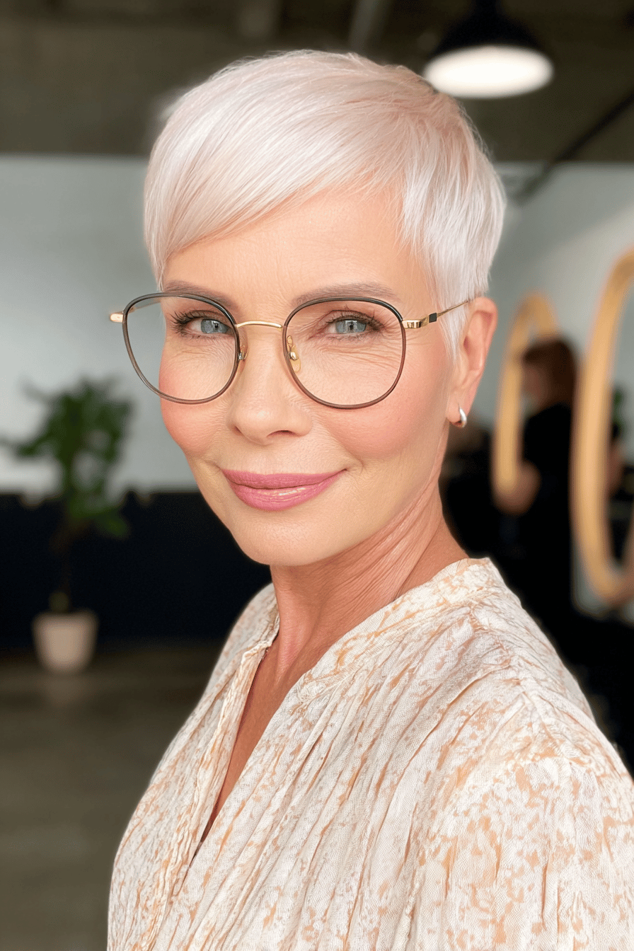 Frau mit kurzen, eleganten, blonden Haaren und Brille.