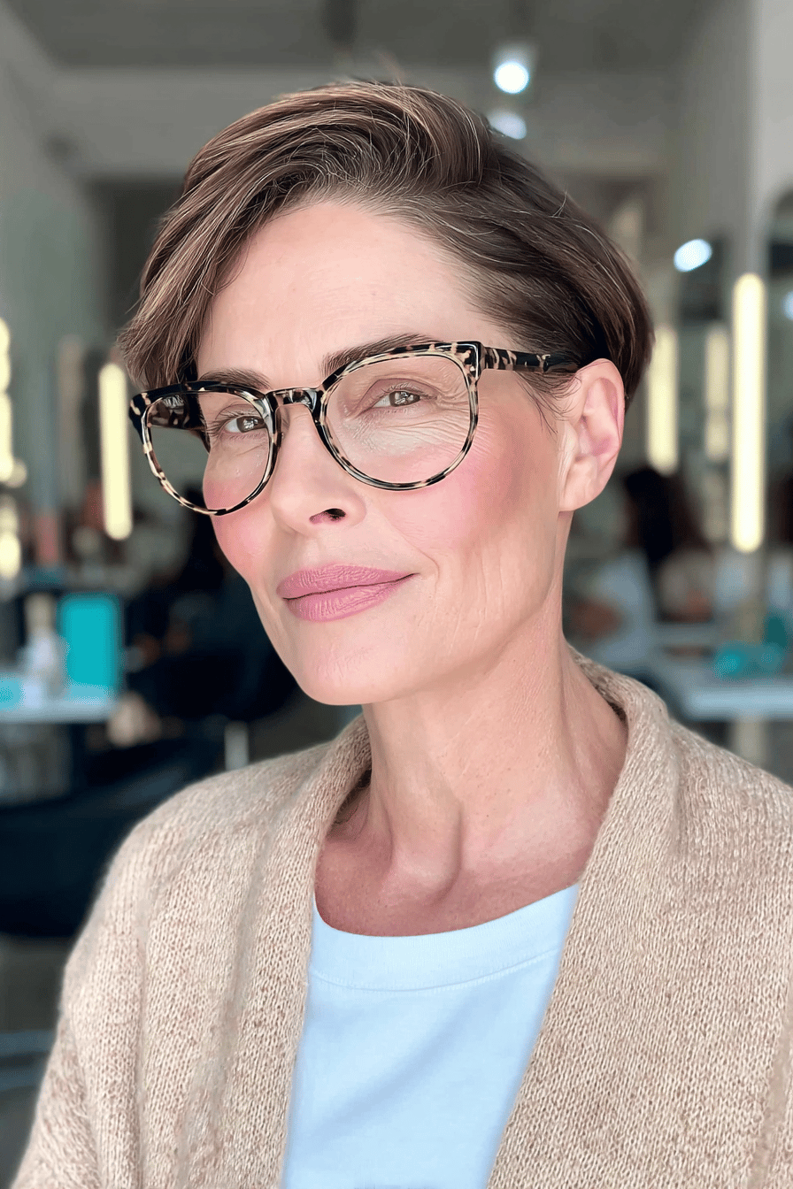 Frau mit stilvollem kurzen, glatten Haarschnitt und Brille.
