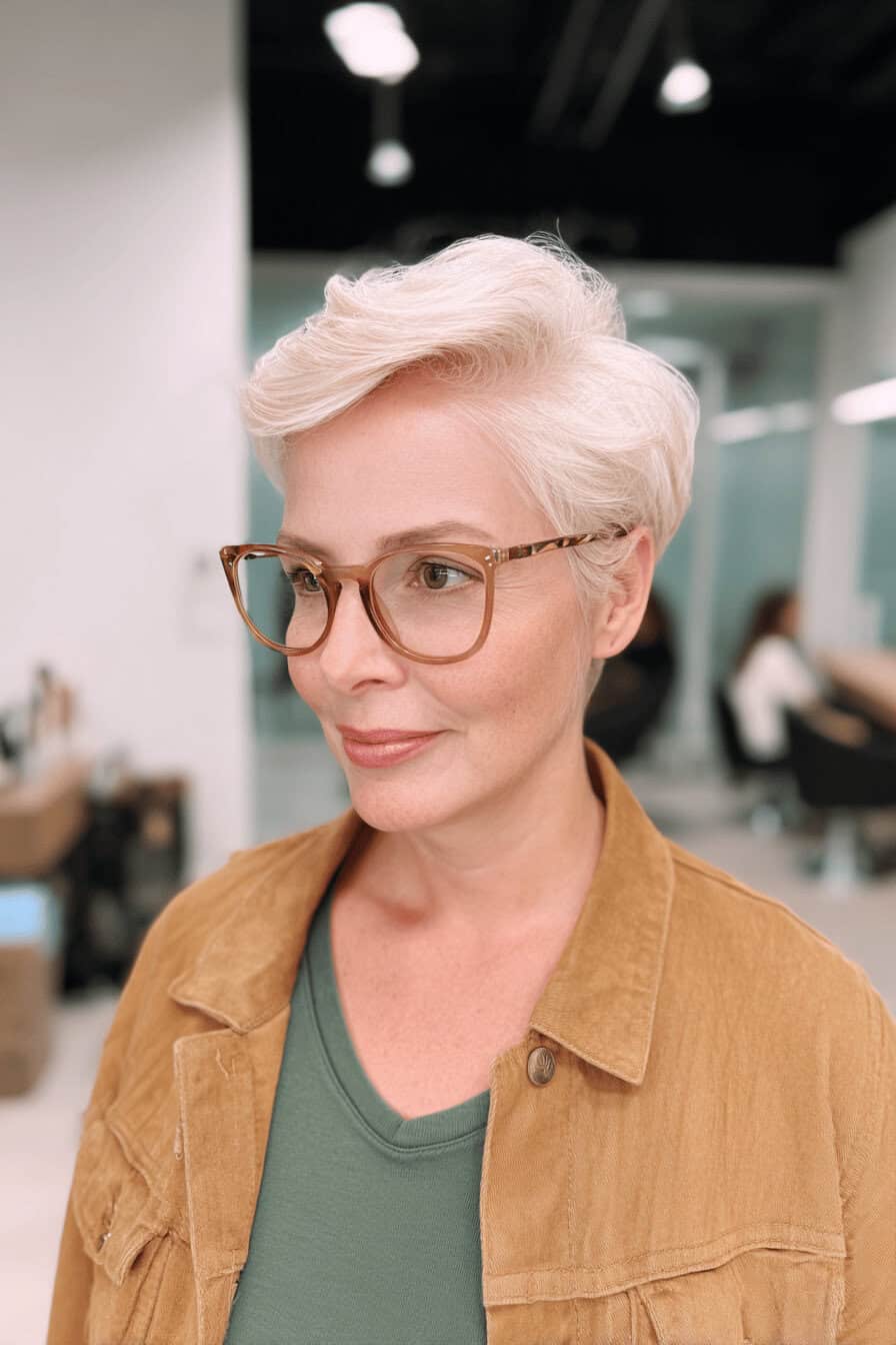 Frau mit kurzen weißen Haaren und Brille in einem Salon.