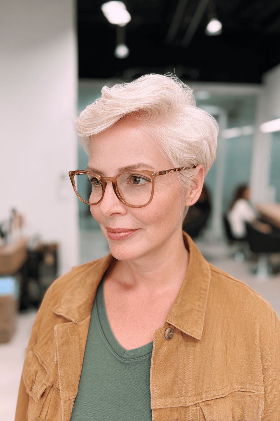 Frau mit kurzen weißen Haaren und Brille in einem Salon.