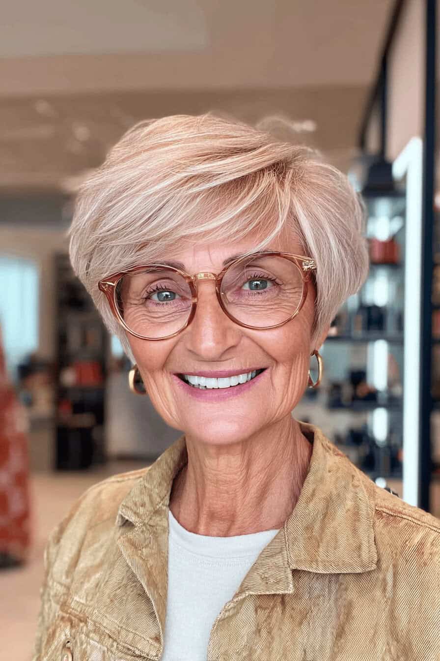 Ältere Frau mit kurzem, gestuften Haar und Brille lächelnd in die Kamera.