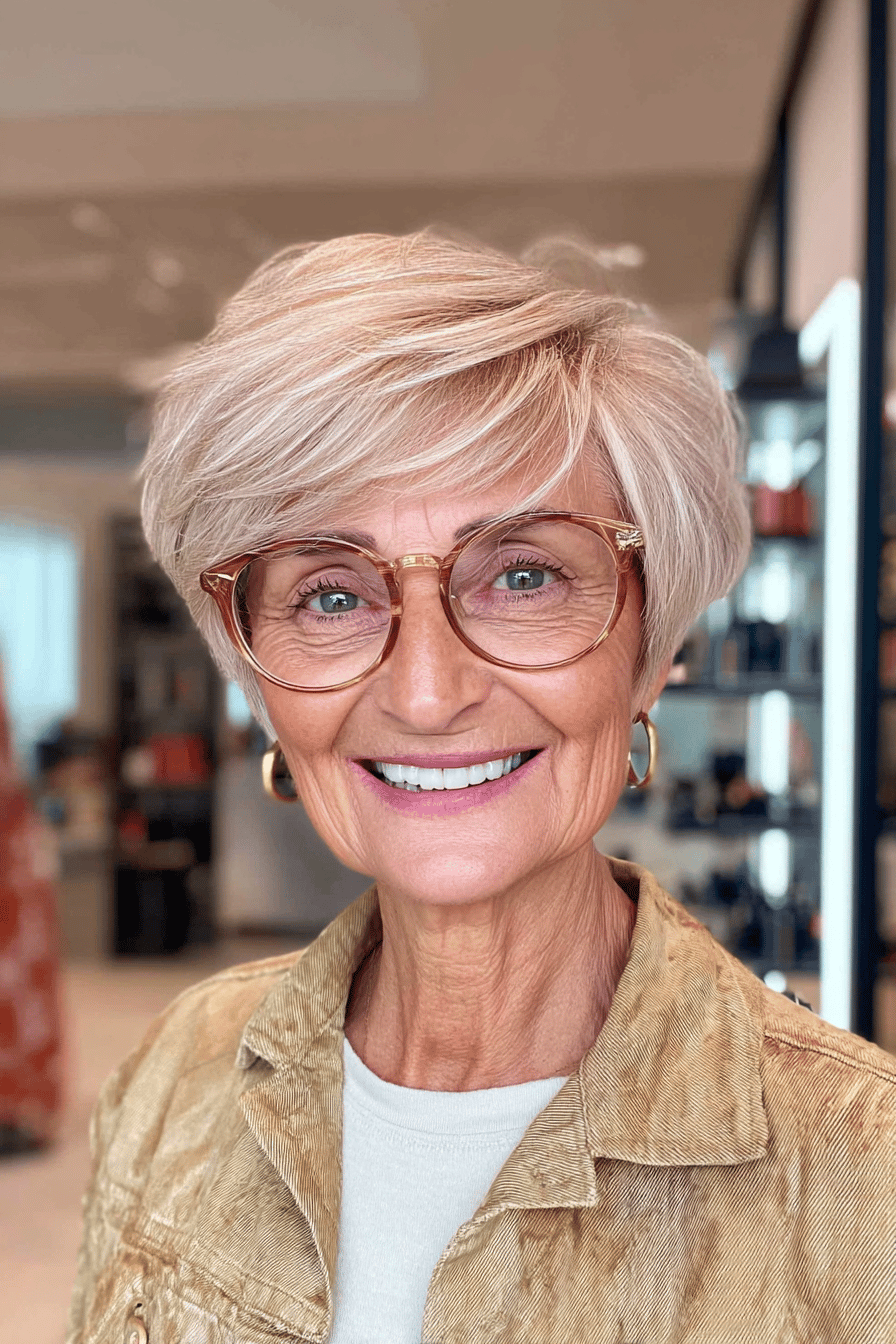 Ältere Frau mit kurzem, gestuften Haar und Brille lächelnd in die Kamera.