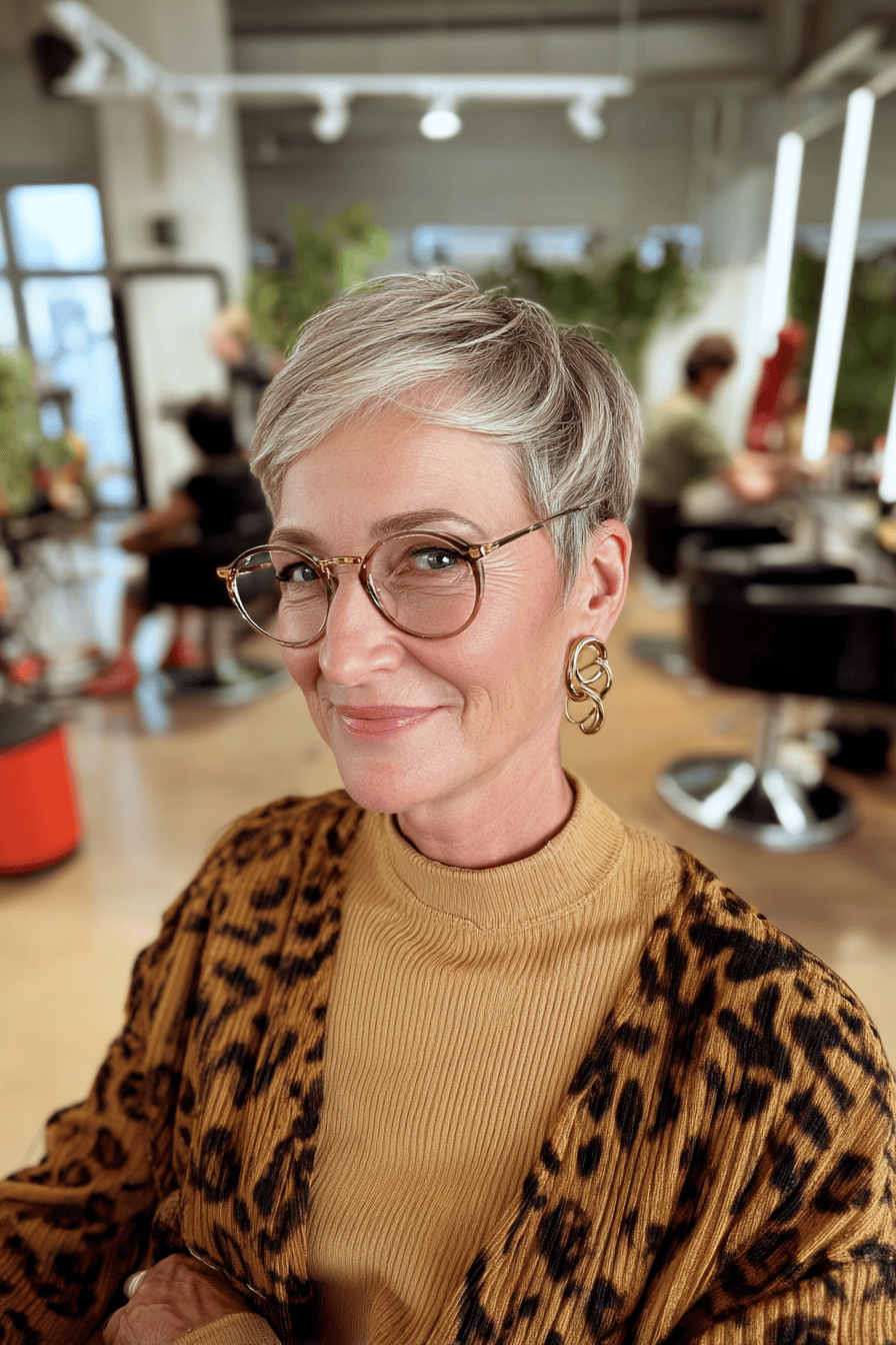 Eine Frau über 50 mit Brille und einem modischen Kurzhaarschnitt im Friseursalon.