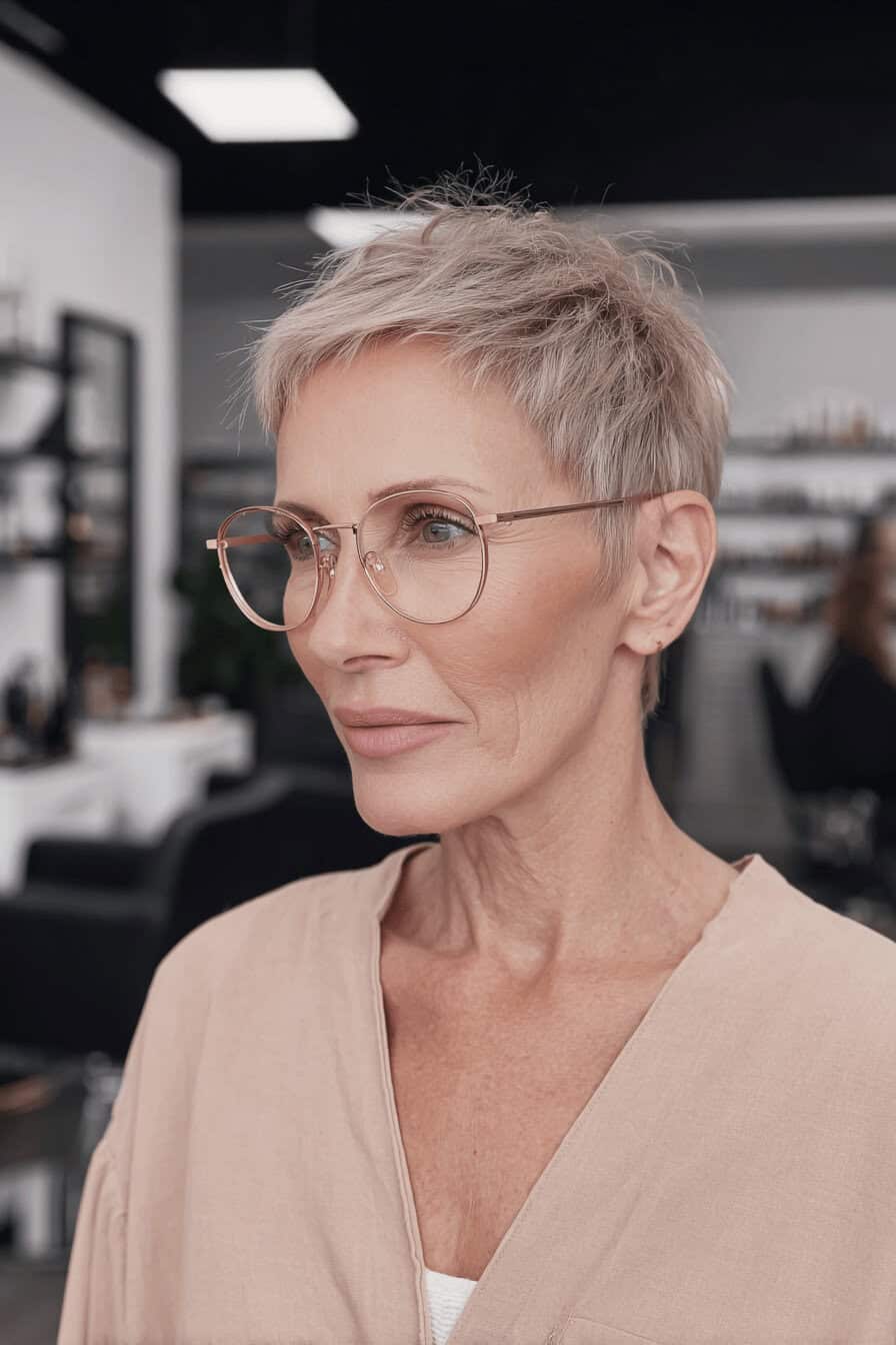 Ältere Frau mit kurzem, strukturiertem Haarschnitt und Brille in einem Salon.