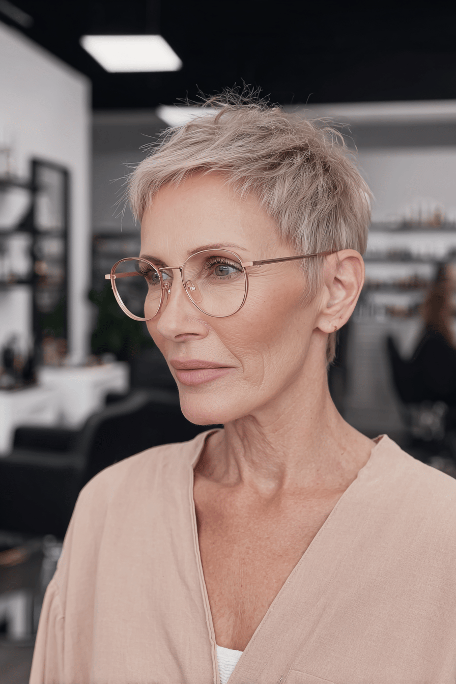 Ältere Frau mit kurzem, strukturiertem Haarschnitt und Brille in einem Salon.
