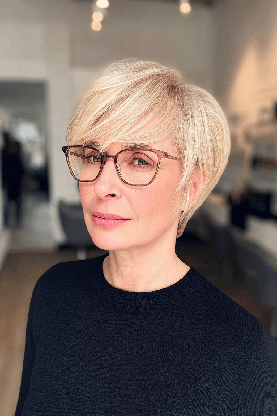 Frau mit hellem, kurzem Haarschnitt und Brille.