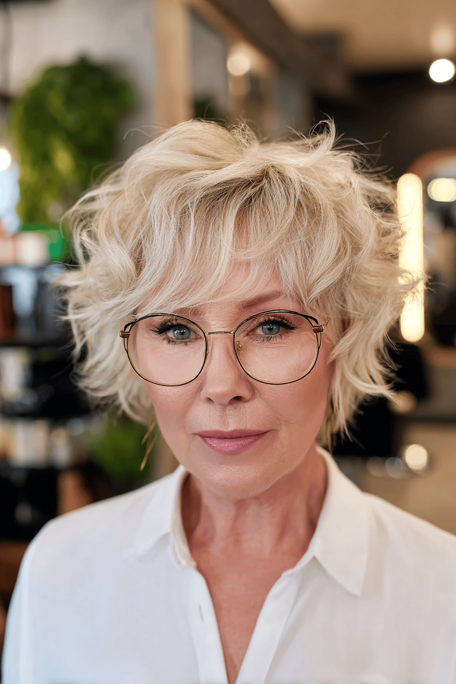 Eine Frau mit zerzauster Kurzhaarfrisur und Brille.