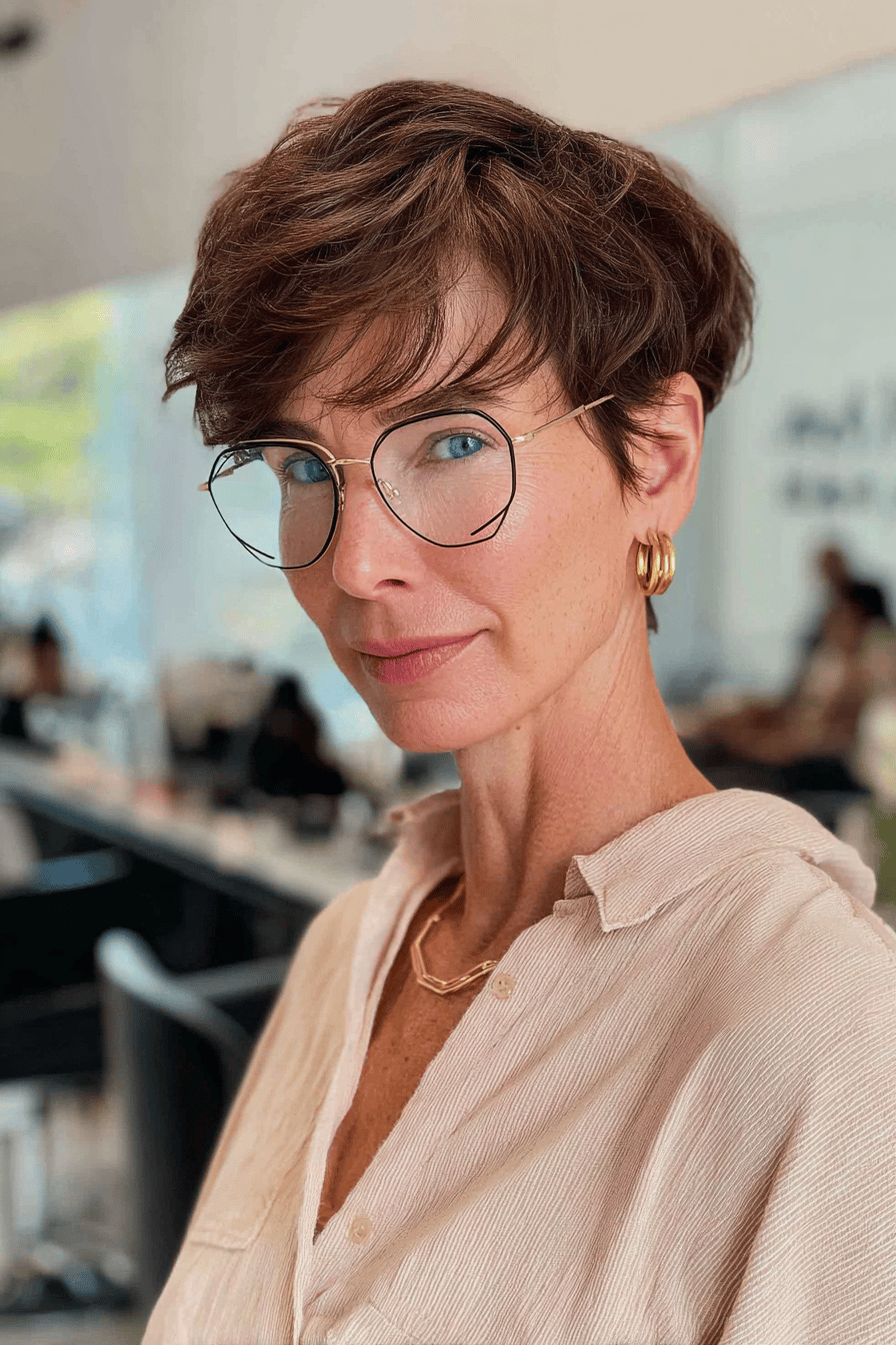 Frau mit einer asymmetrischen Kurzhaarfrisur und Brille.