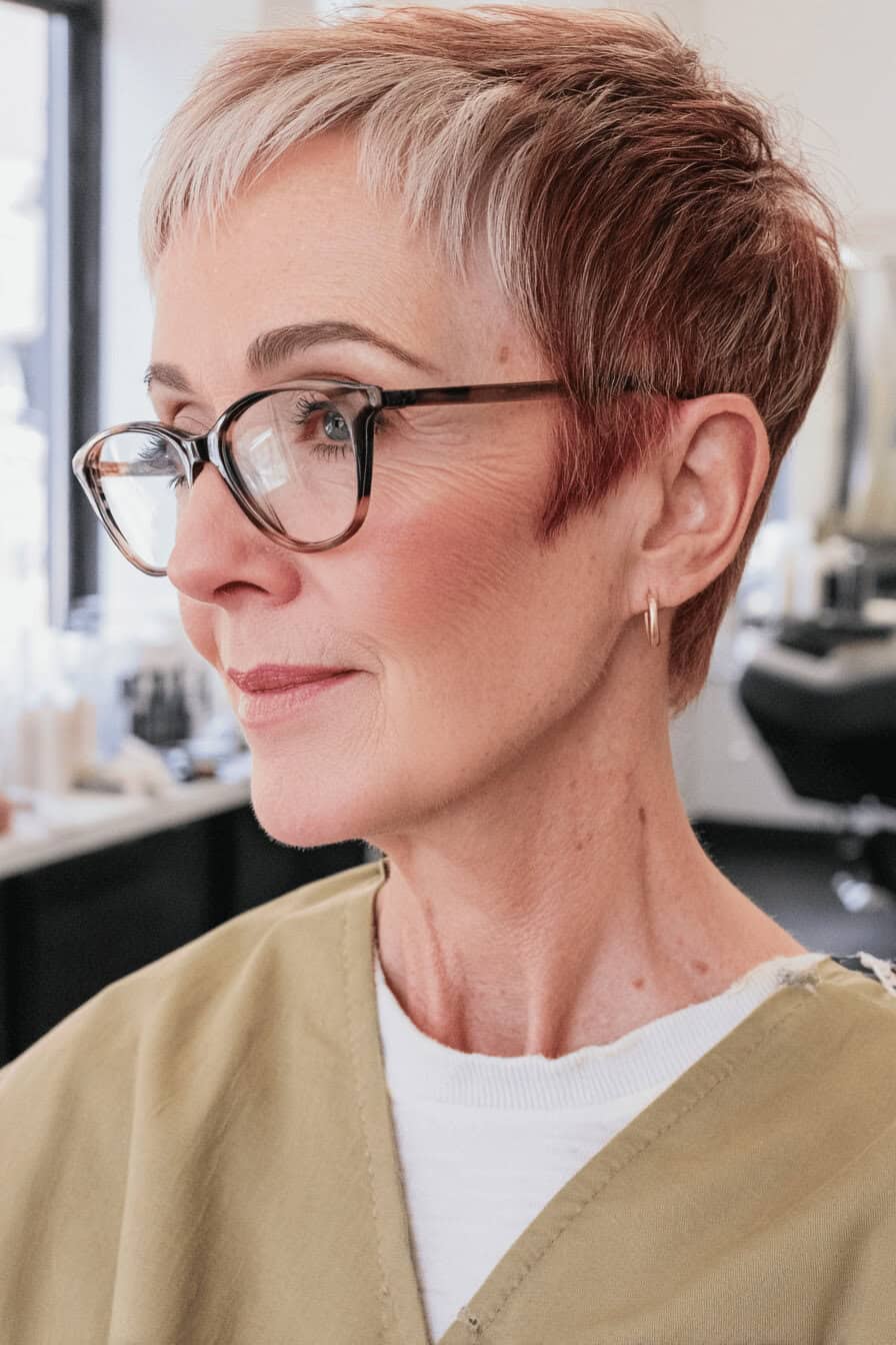Eine Frau über 50 mit Brille und einem modernen Kurzhaarschnitt mit farbigen Akzenten.
