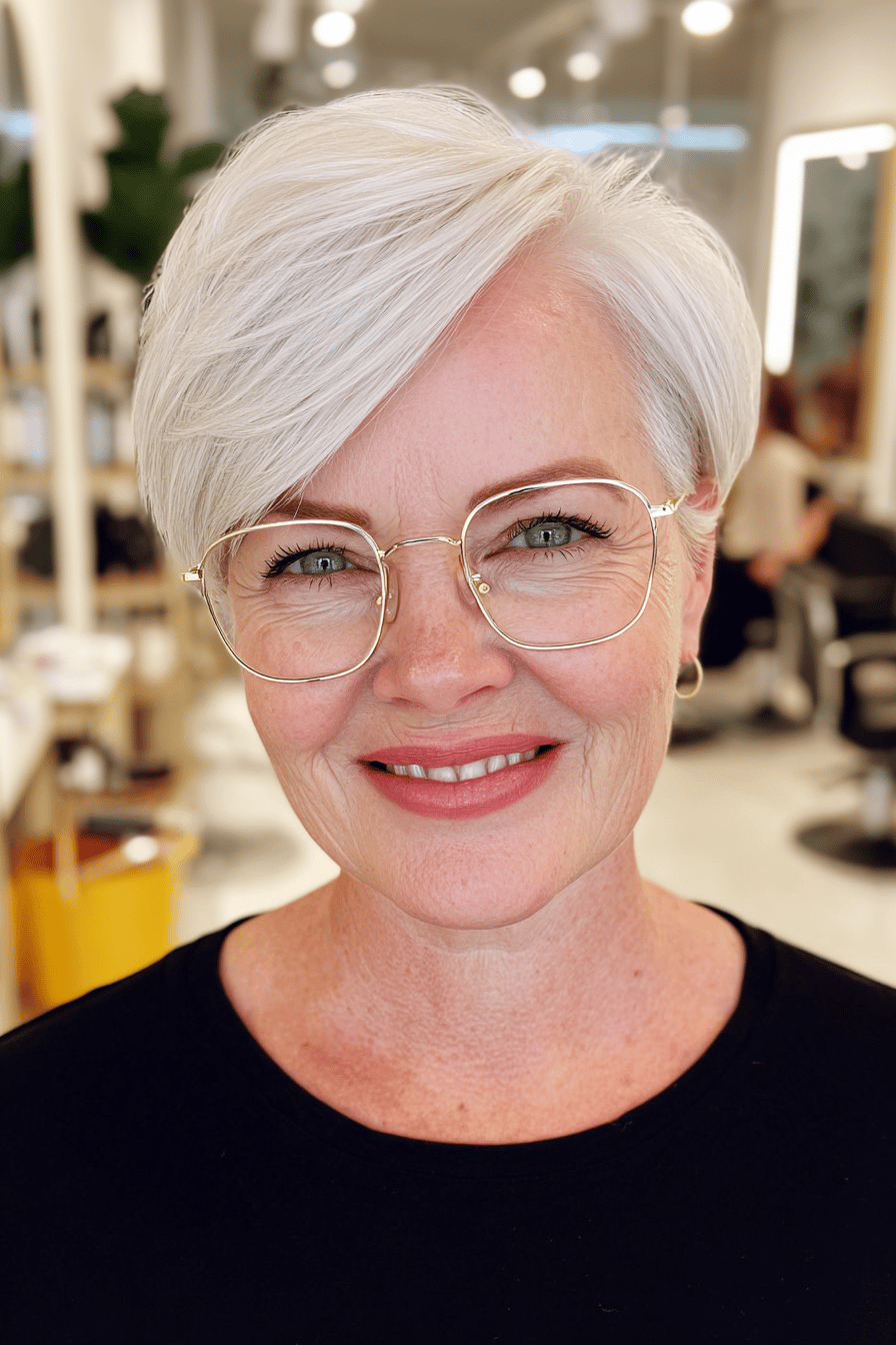 Frau mit Brille und modernem, kurzem Haarschnitt in einem Friseursalon.